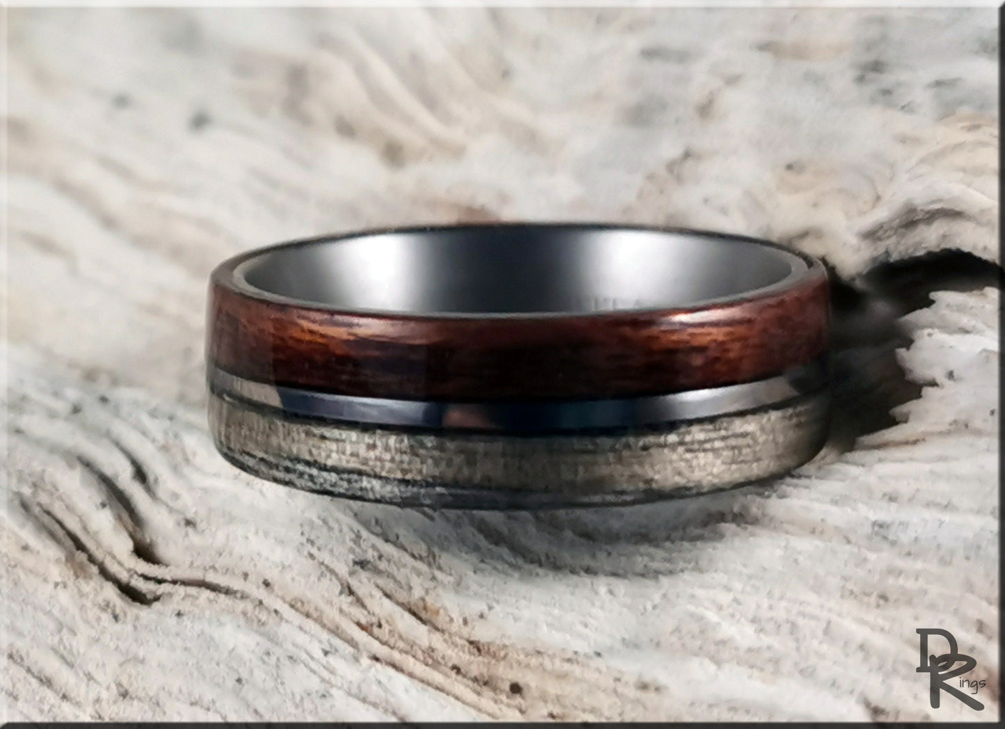 Dual Bentwood Ring - Harborica and Teak, on 7mm titanium T-Core - wood ring