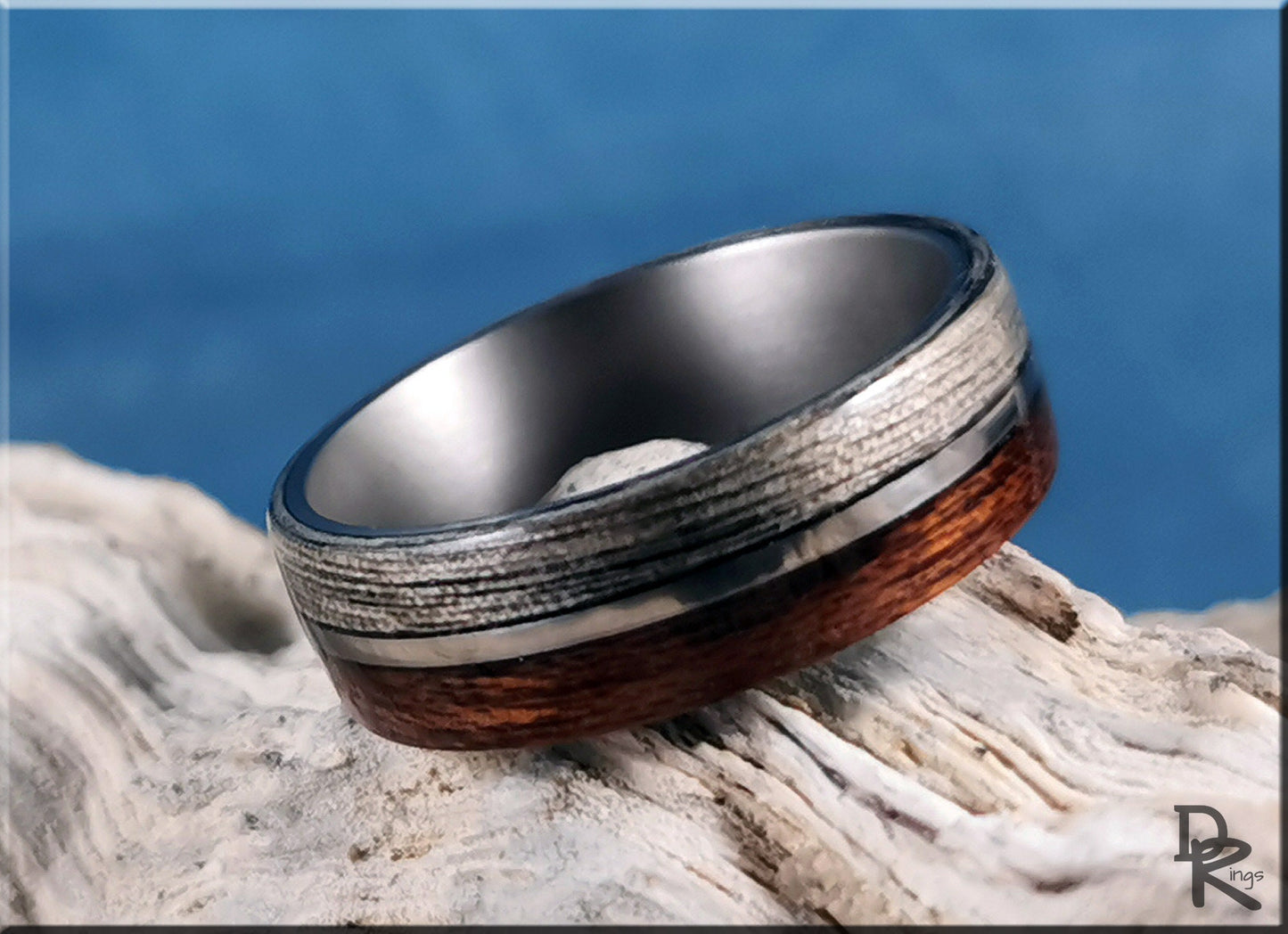 Dual Bentwood Ring - Harborica and Teak, on 7mm titanium T-Core - wood ring