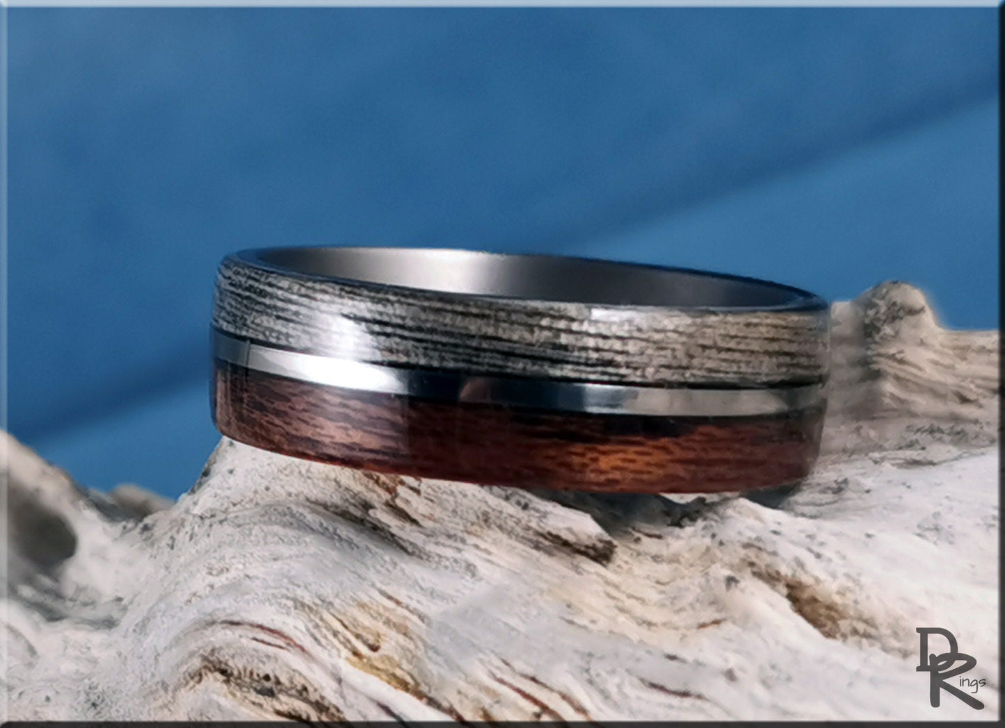Dual Bentwood Ring - Harborica and Teak, on 7mm titanium T-Core - wood ring