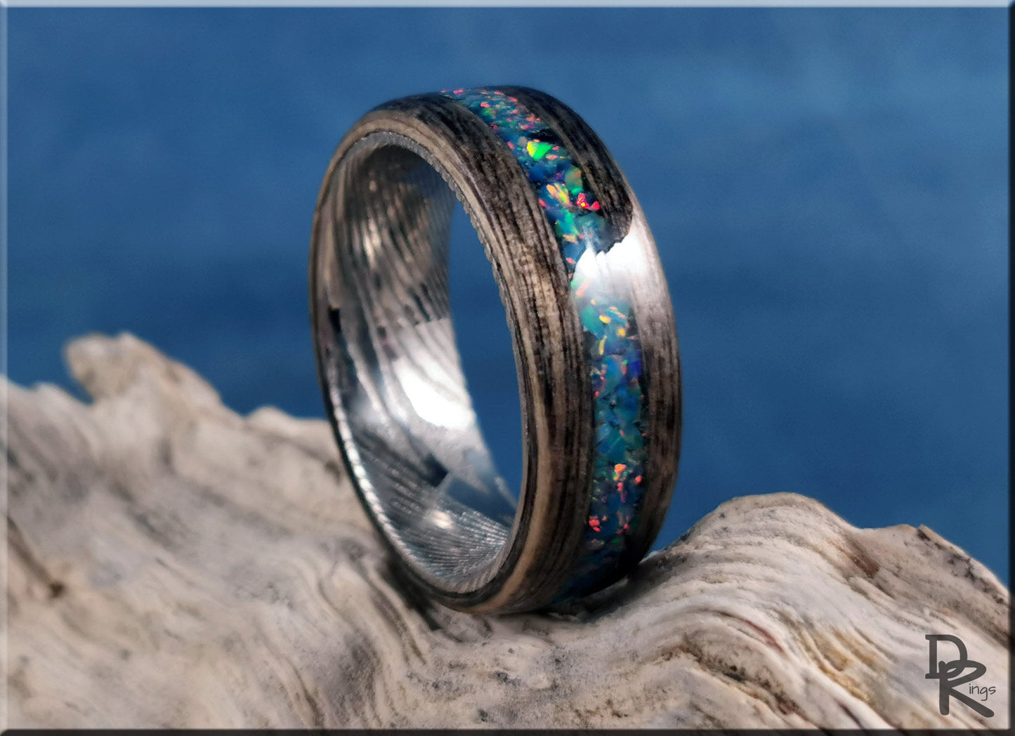 Bentwood Ring - Harborica w/Multi Teal Opal inlay, on Damascus Steel ring core - wood ring