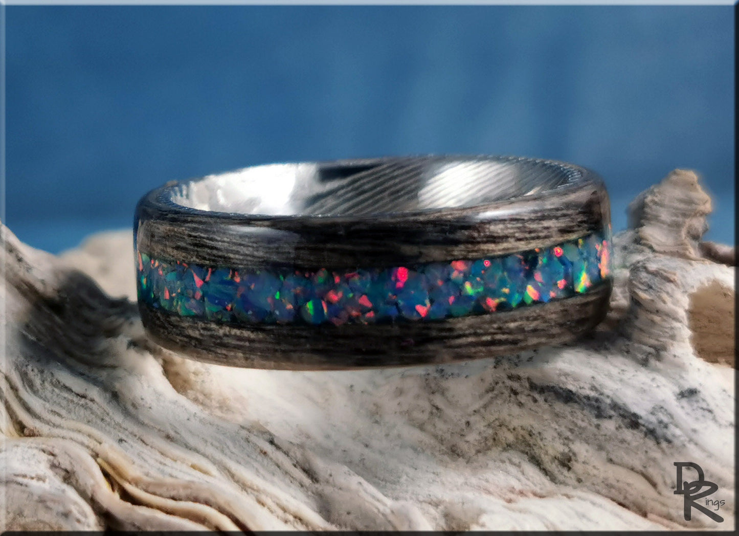 Bentwood Ring - Harborica w/Multi Teal Opal inlay, on Damascus Steel ring core - wood ring