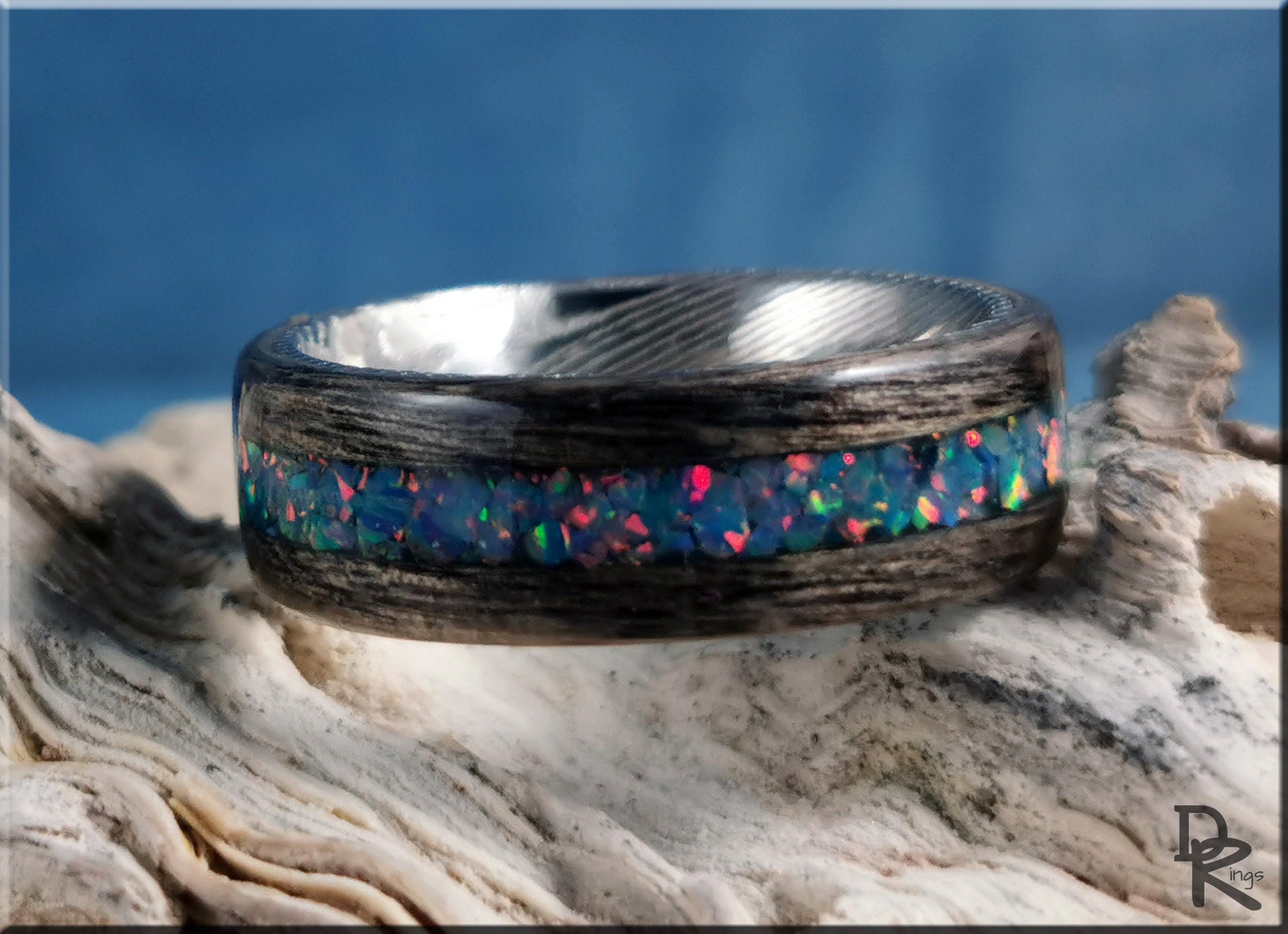 Bentwood Ring - Harborica w/Multi Teal Opal inlay, on Damascus Steel ring core - wood ring