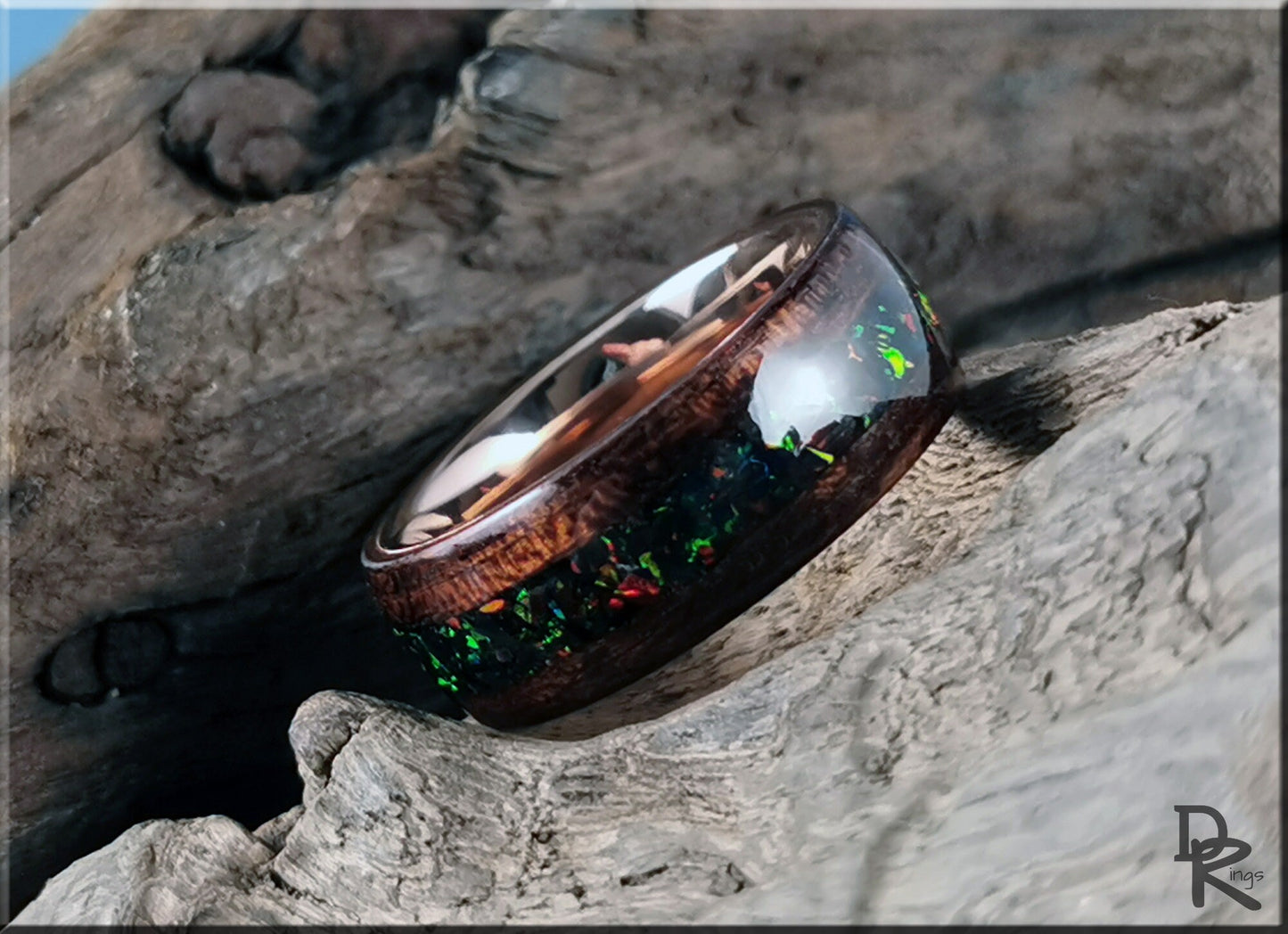 Bentwood Ring - Smoked Etimoe w/Deep Emerald opal inlay, on Rose Gold plated Tungsten Carbide ring core - wood ring