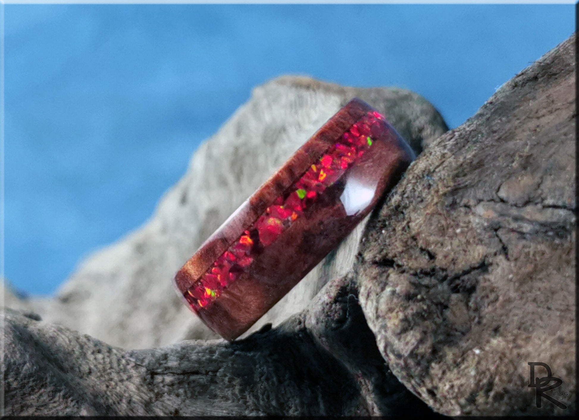 Bentwood Ring - Redwood Burl w/offset Ruby Fire Opal inlay, on Polished Black Ceramic ring core - wood ring