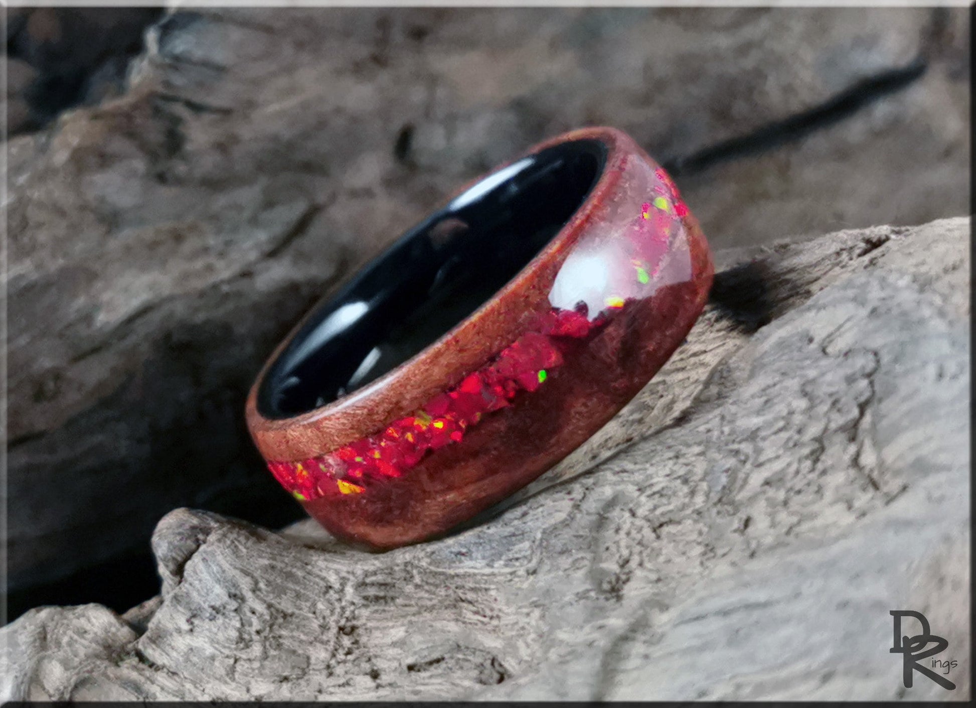 Bentwood Ring - Redwood Burl w/offset Ruby Fire Opal inlay, on Polished Black Ceramic ring core - wood ring
