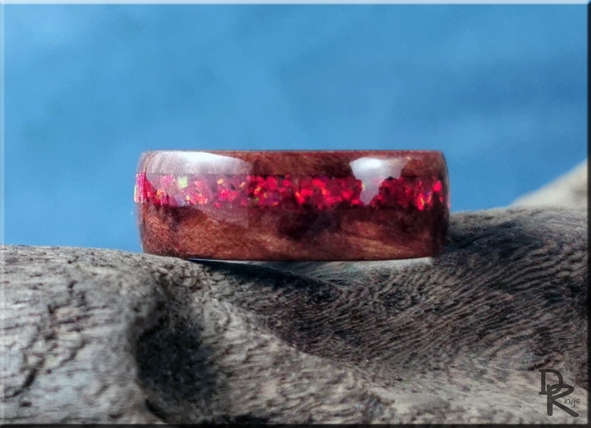 Bentwood Ring - Redwood Burl w/offset Ruby Fire Opal inlay, on Polished Black Ceramic ring core - wood ring