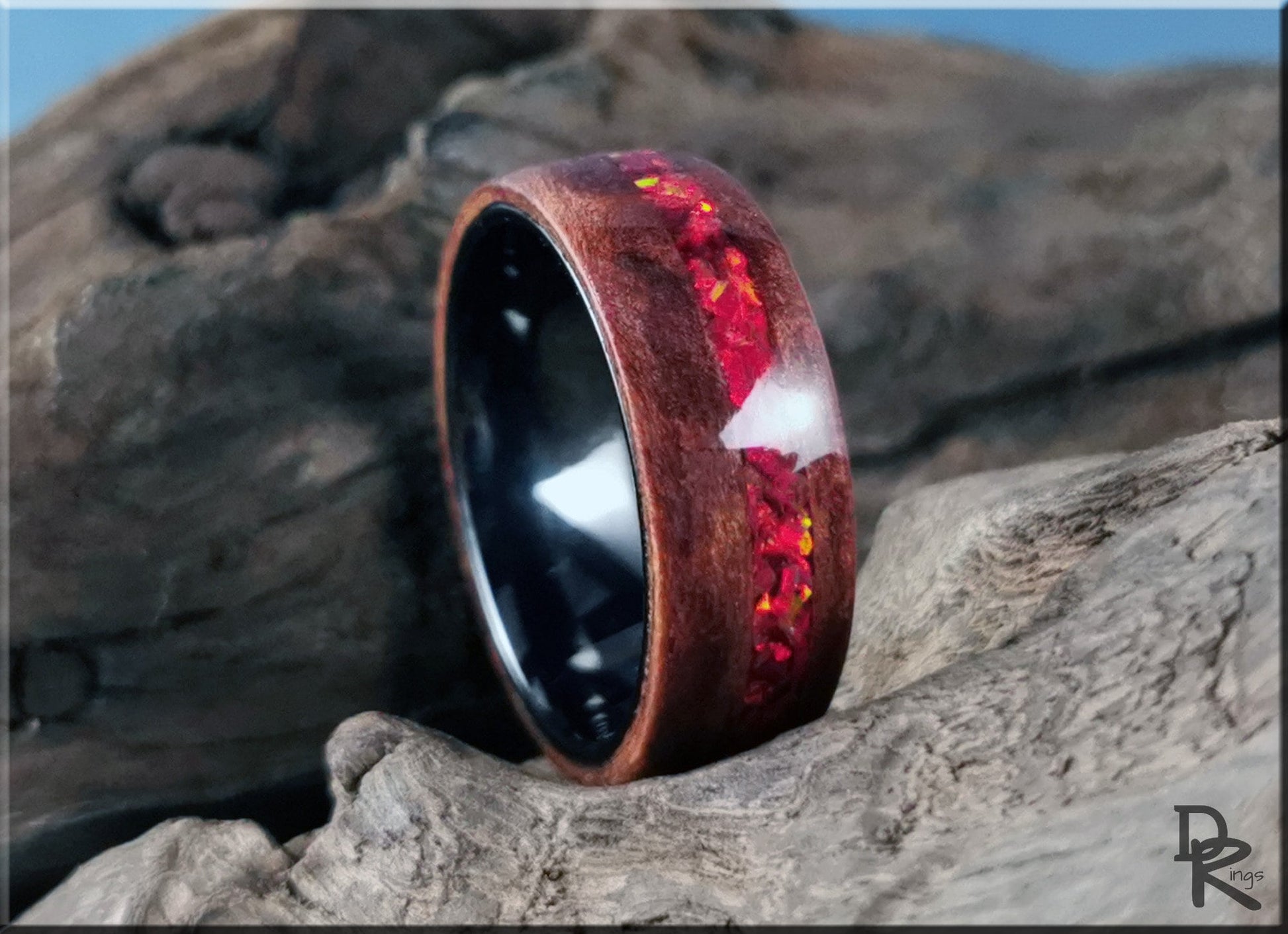 Bentwood Ring - Redwood Burl w/offset Ruby Fire Opal inlay, on Polished Black Ceramic ring core - wood ring