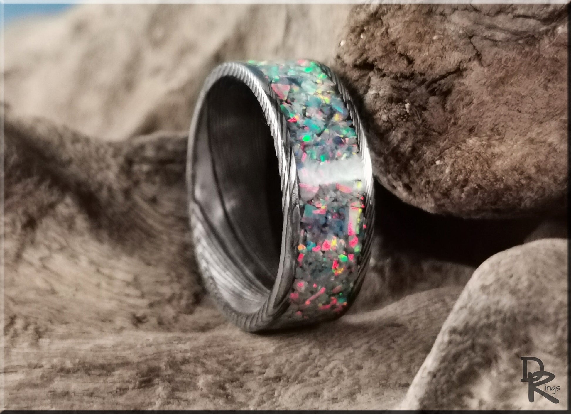 Blackened Damascus Steel Channel Ring w/Opal inlay - metal ring