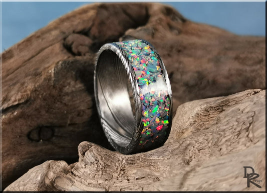 Blackened Damascus Steel Channel Ring w/Opal inlay - metal ring