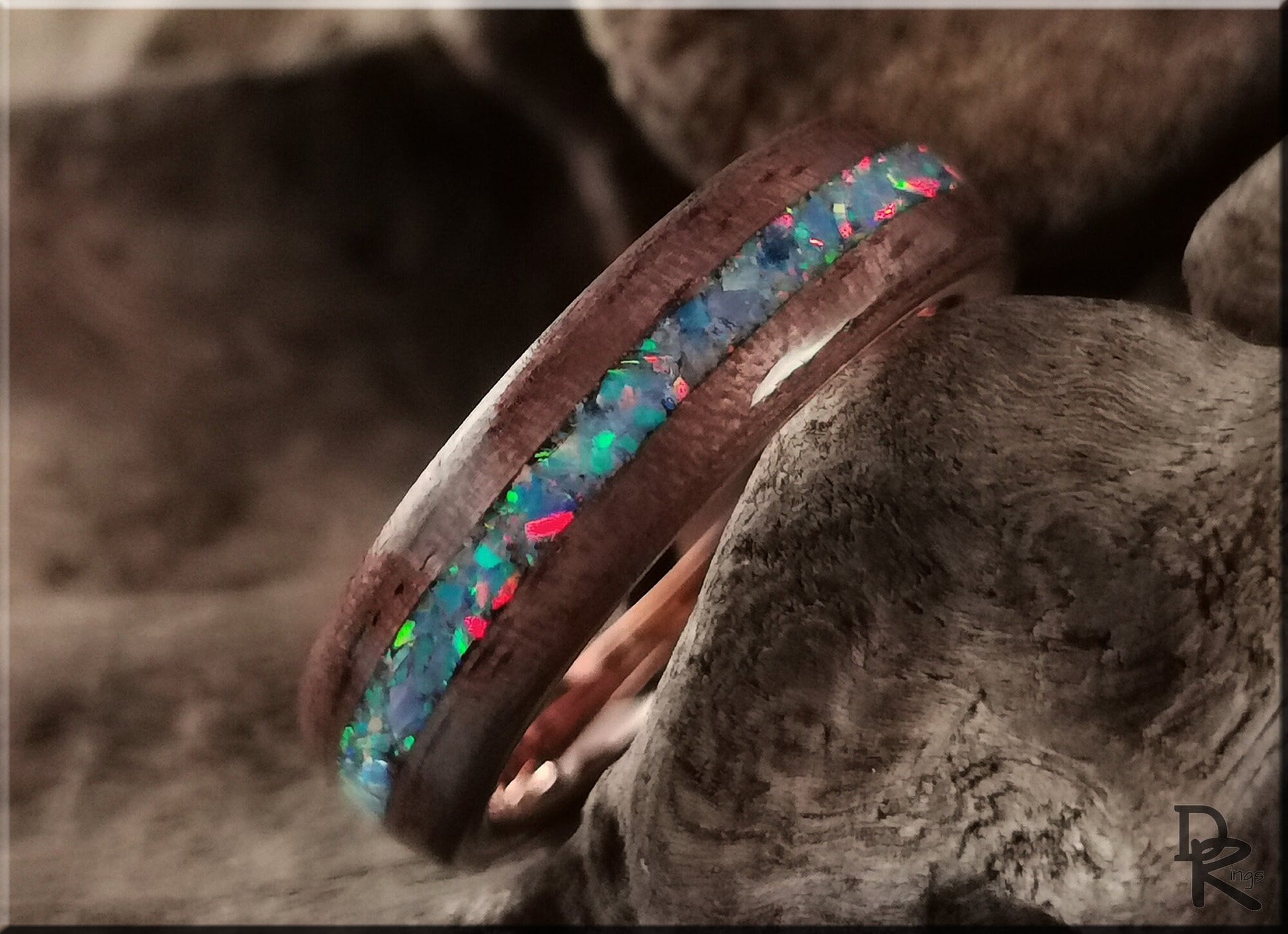 Bentwood Ring - Curly Black Walnut w/Multi Cornflower Opal inlay, on Rose Gold Plated Tungsten Carbide ring core
