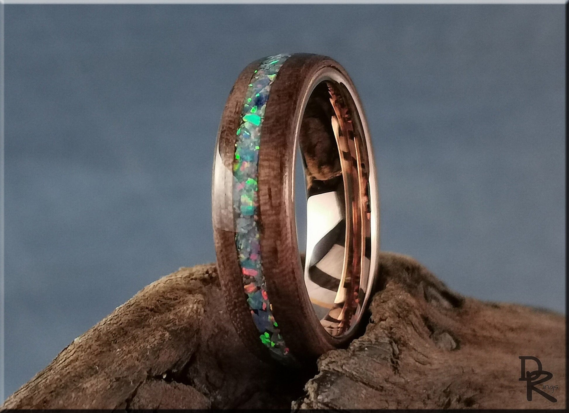 Bentwood Ring - Curly Black Walnut w/Multi Cornflower Opal inlay, on Rose Gold Plated Tungsten Carbide ring core