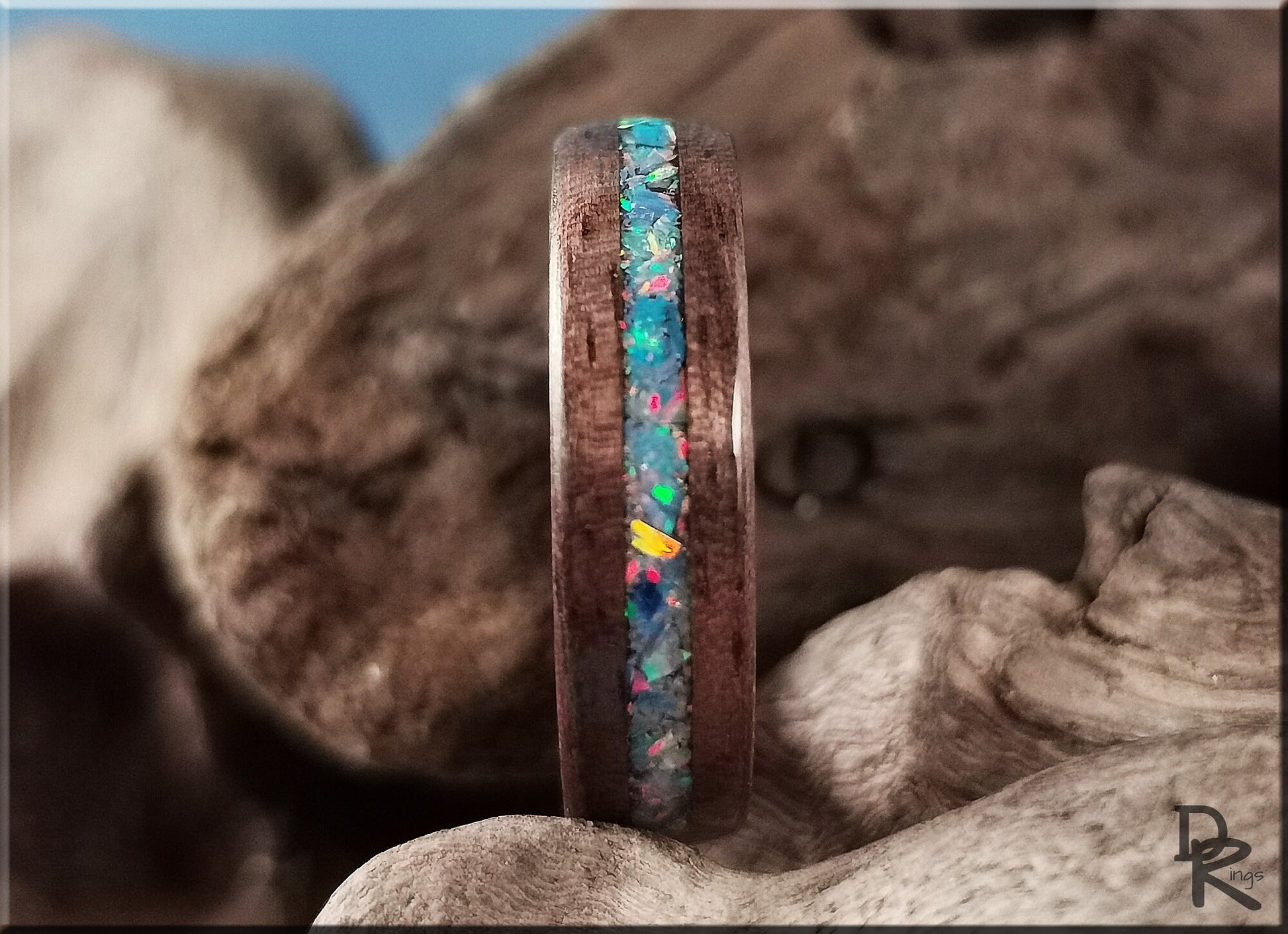 Bentwood Ring - Curly Black Walnut w/Multi Cornflower Opal inlay, on Rose Gold Plated Tungsten Carbide ring core