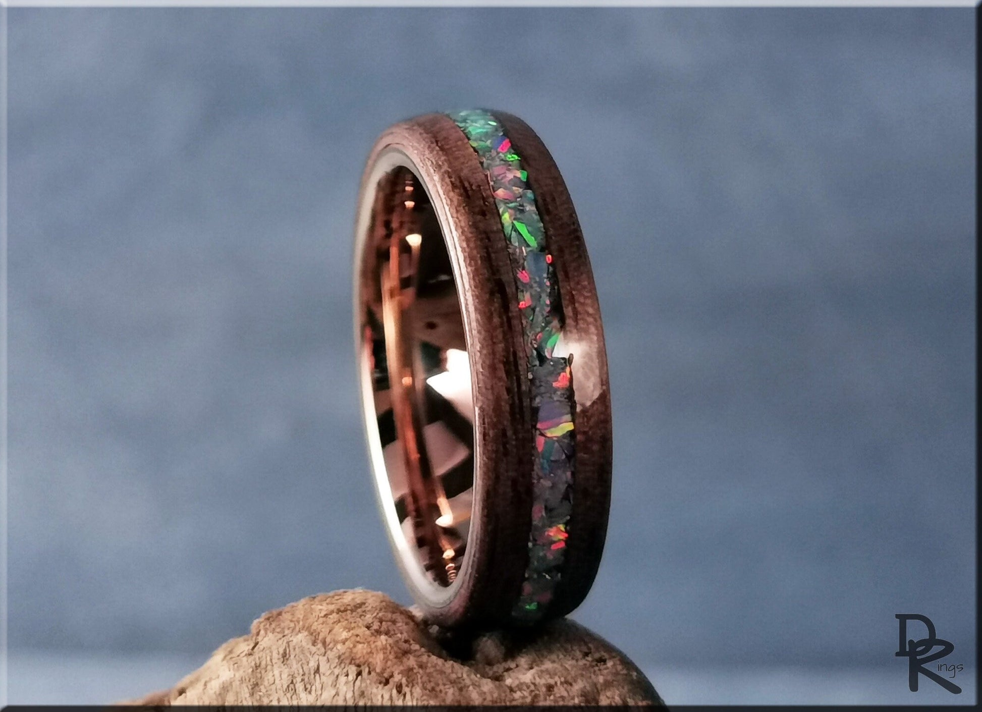 Bentwood Ring - Curly Black Walnut w/Multi Cornflower Opal inlay, on Rose Gold Plated Tungsten Carbide ring core
