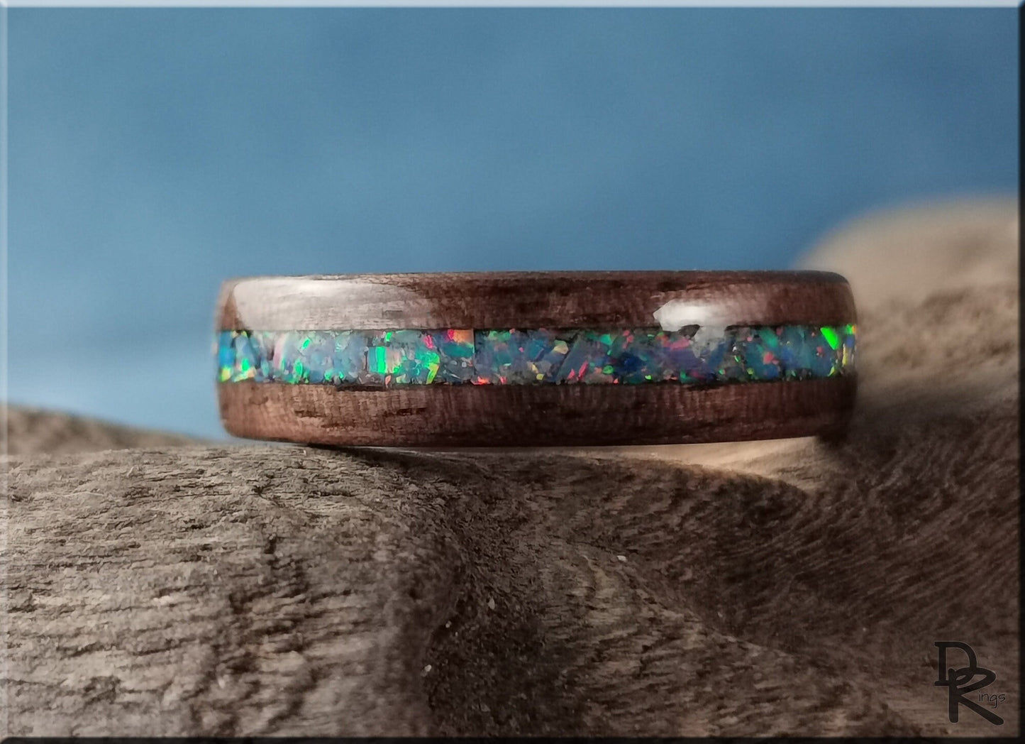 Bentwood Ring - Curly Black Walnut w/Multi Cornflower Opal inlay, on Rose Gold Plated Tungsten Carbide ring core