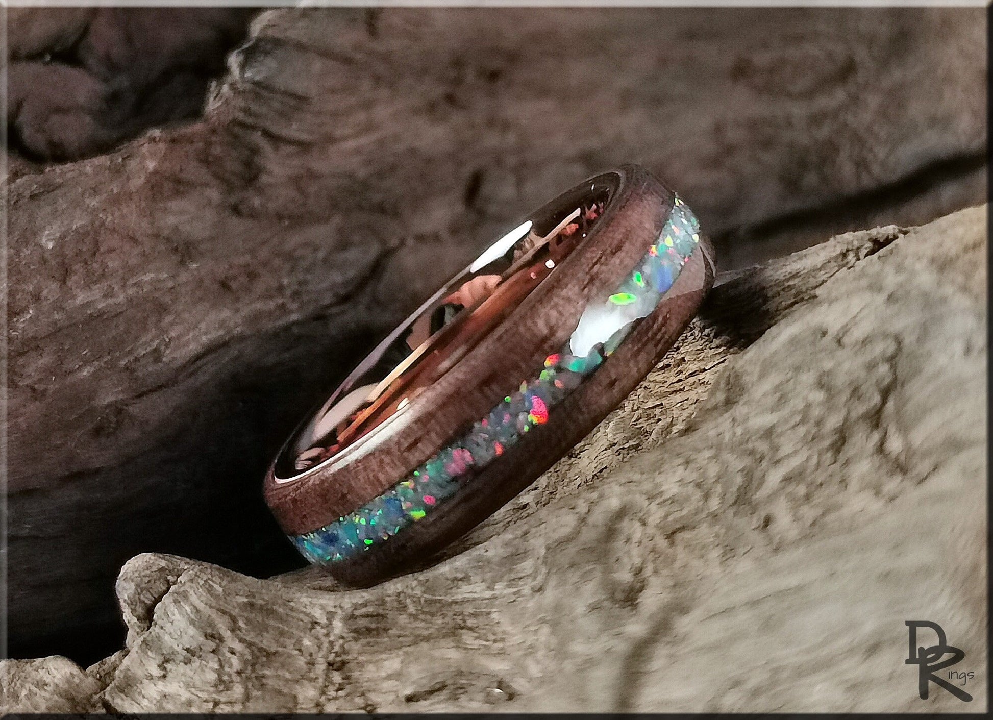 Bentwood Ring - Curly Black Walnut w/Multi Cornflower Opal inlay, on Rose Gold Plated Tungsten Carbide ring core