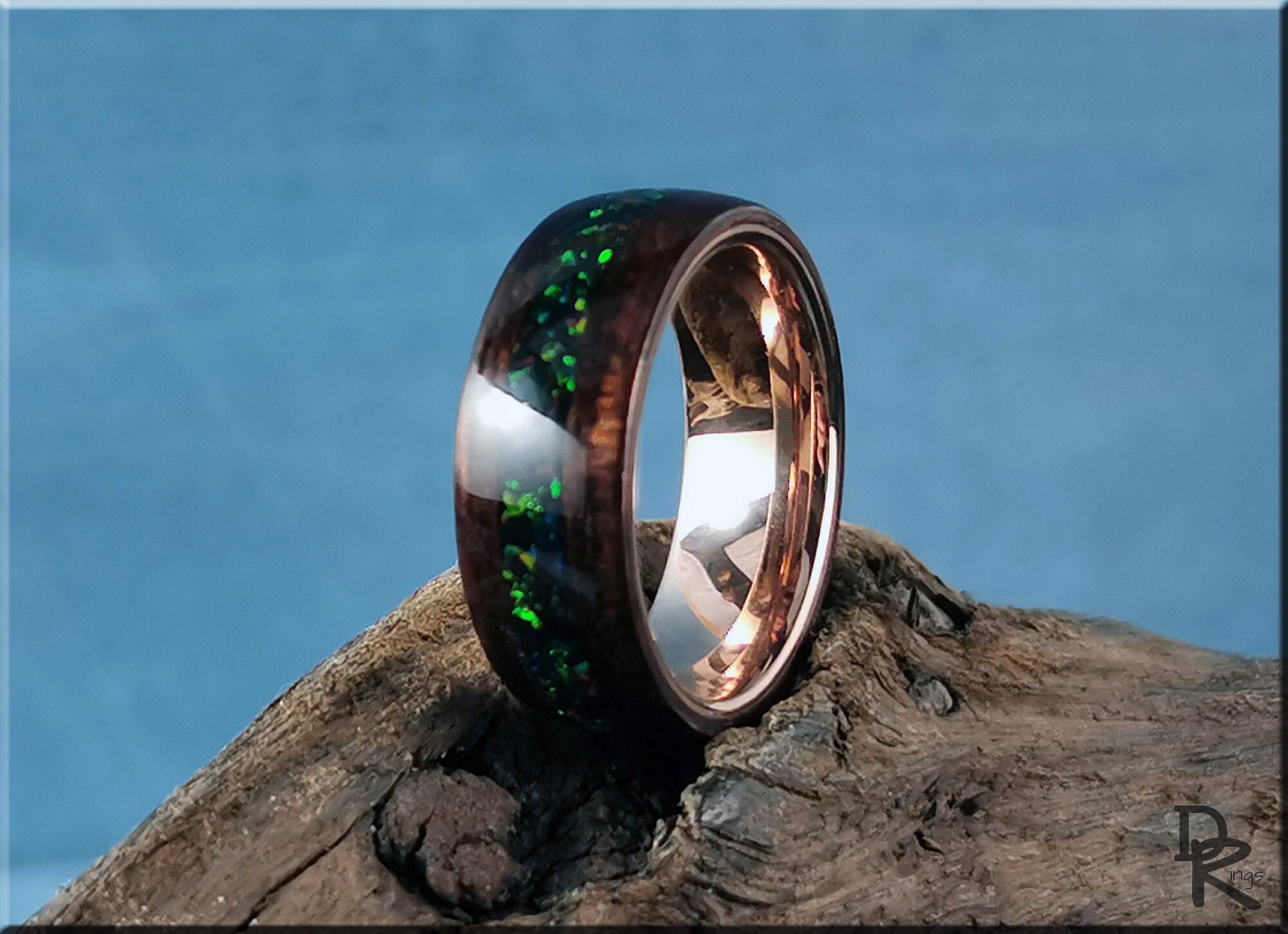 Bentwood Ring - Smoked Etimoe w/Deep Emerald opal inlay, on Rose Gold plated Tungsten Carbide ring core - wood ring
