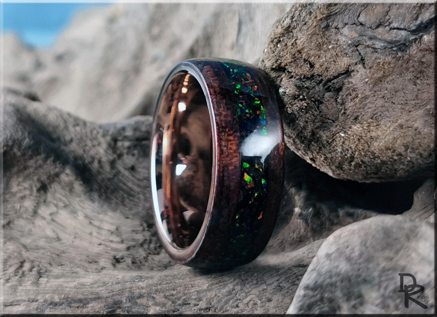 Bentwood Ring - Smoked Etimoe w/Deep Emerald opal inlay, on Rose Gold plated Tungsten Carbide ring core - wood ring