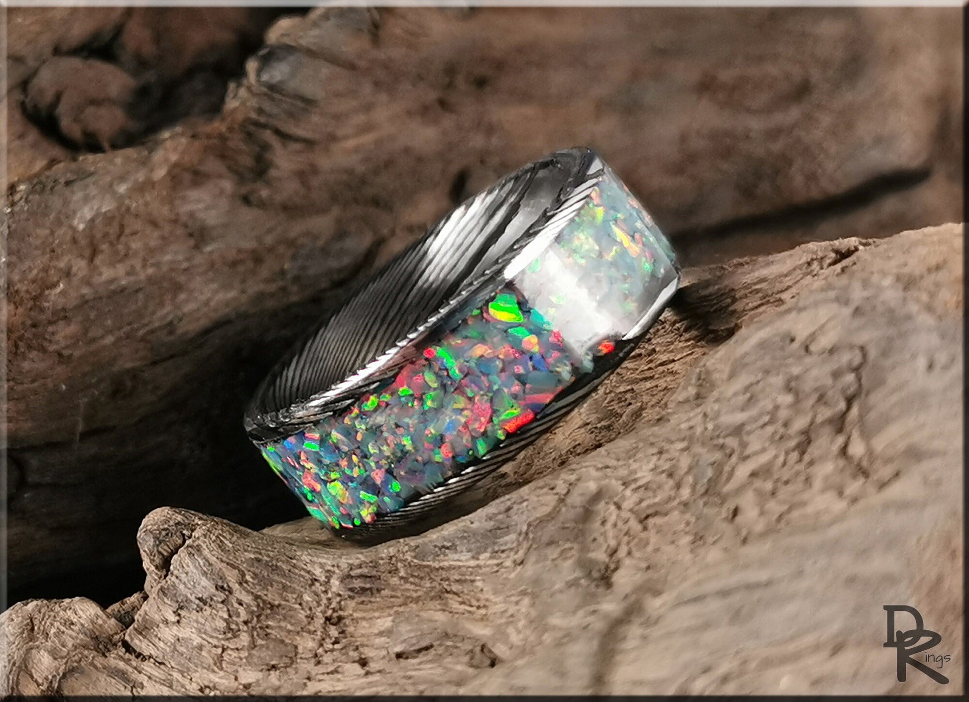 Blackened Damascus Steel Channel Ring w/Opal inlay - metal ring