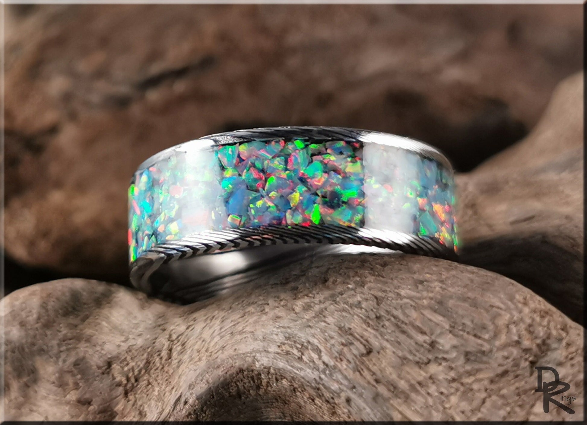 Blackened Damascus Steel Channel Ring w/Opal inlay - metal ring