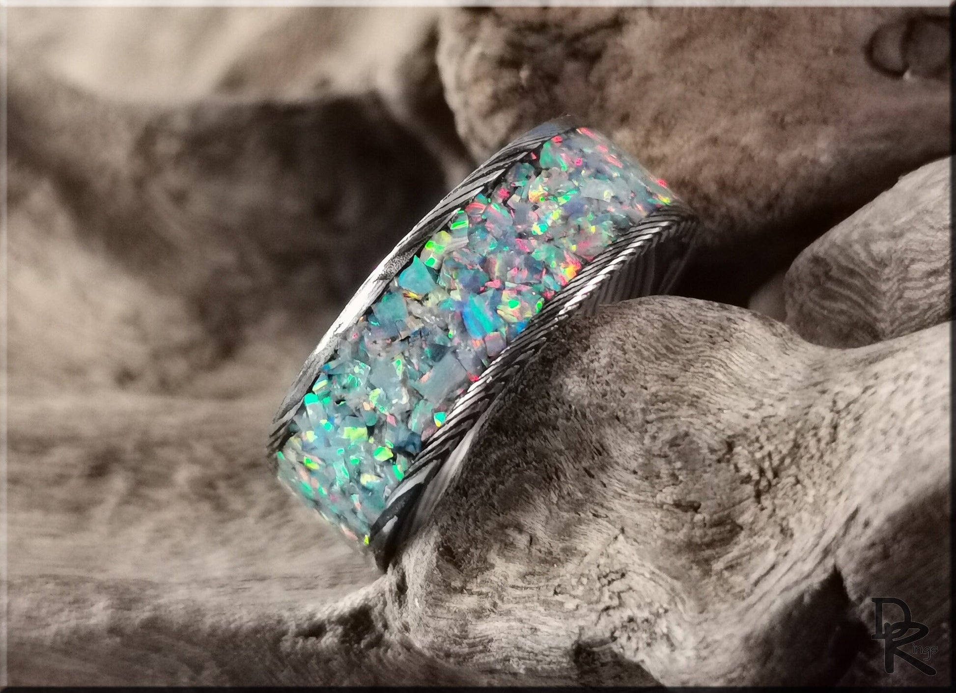Blackened Damascus Steel Channel Ring w/Opal inlay - metal ring