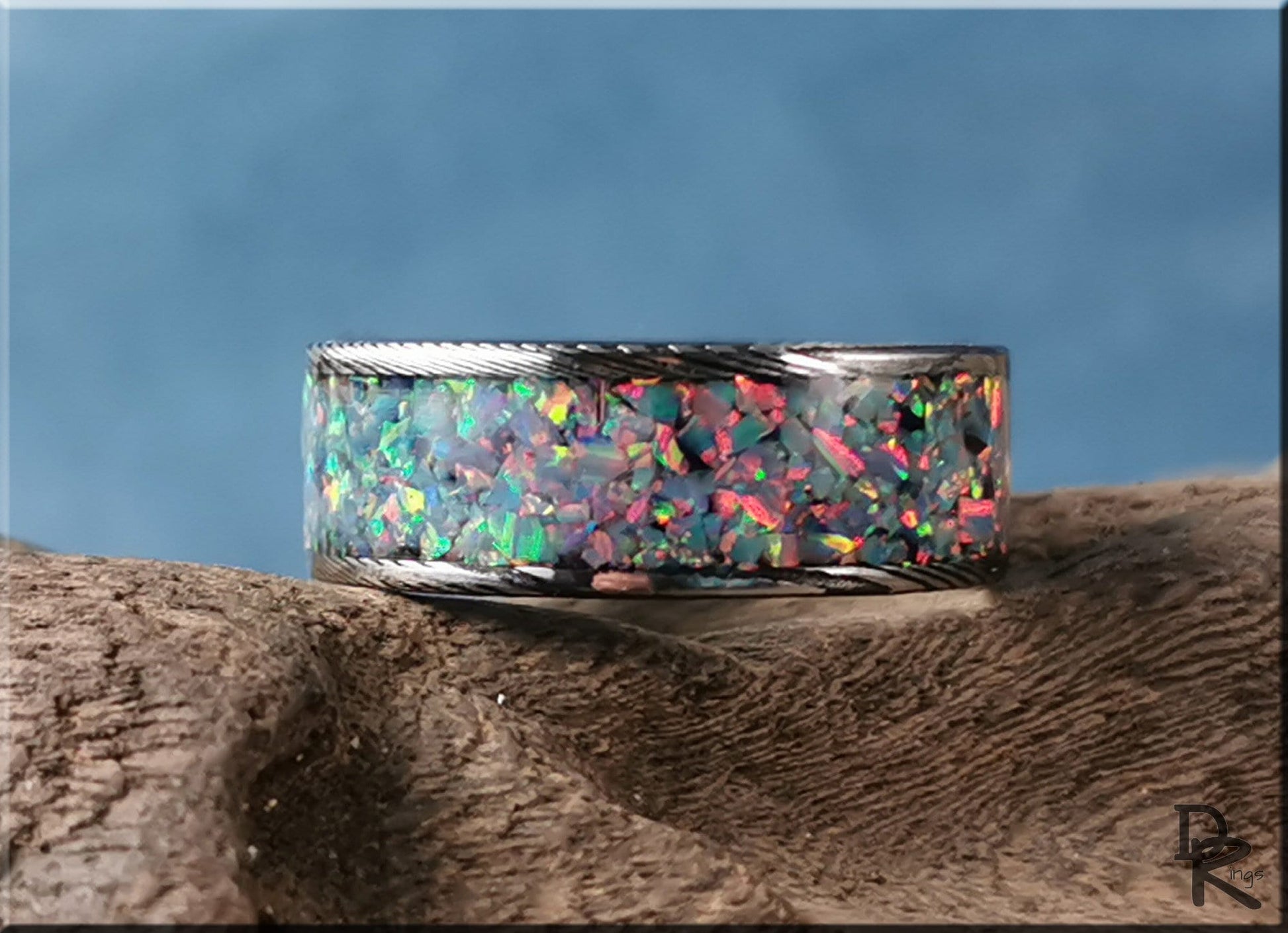 Blackened Damascus Steel Channel Ring w/Opal inlay - metal ring