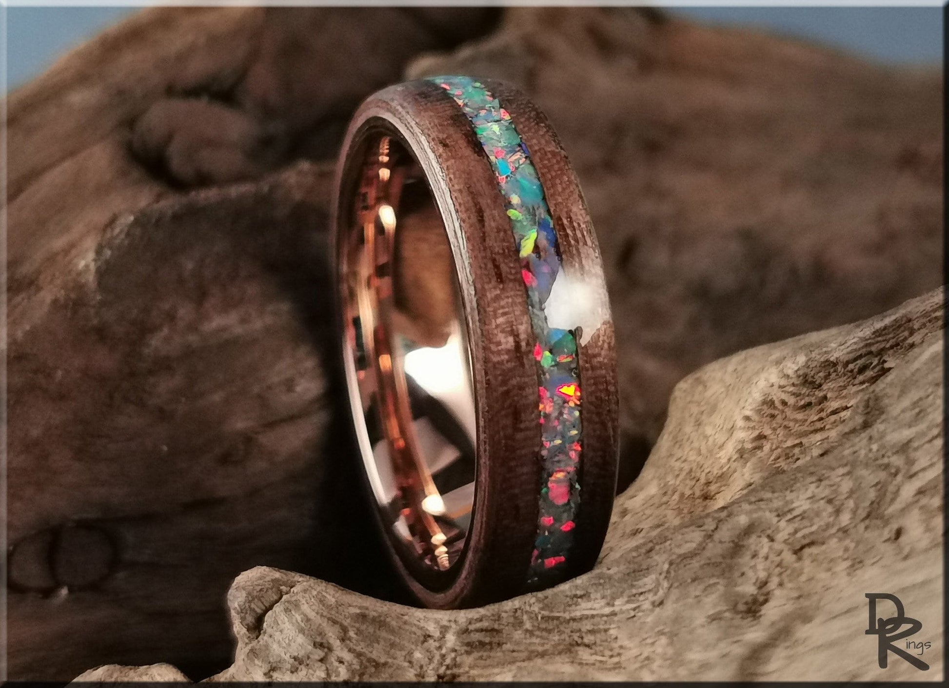 Bentwood Ring - Curly Black Walnut w/Multi Cornflower Opal inlay, on Rose Gold Plated Tungsten Carbide ring core