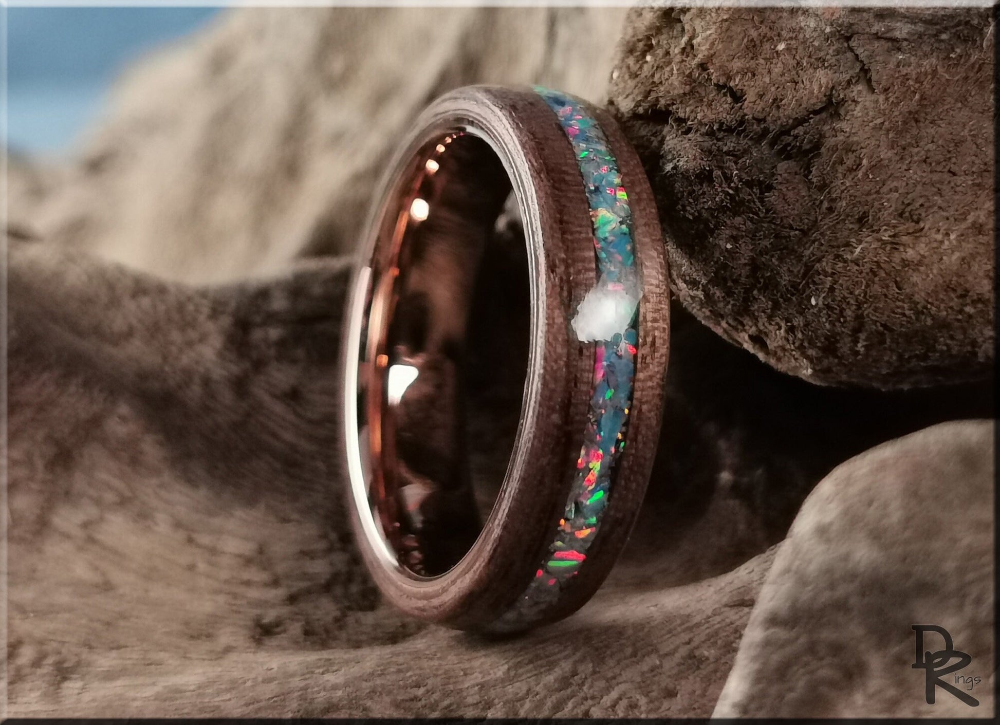 Bentwood Ring - Curly Black Walnut w/Multi Cornflower Opal inlay, on Rose Gold Plated Tungsten Carbide ring core