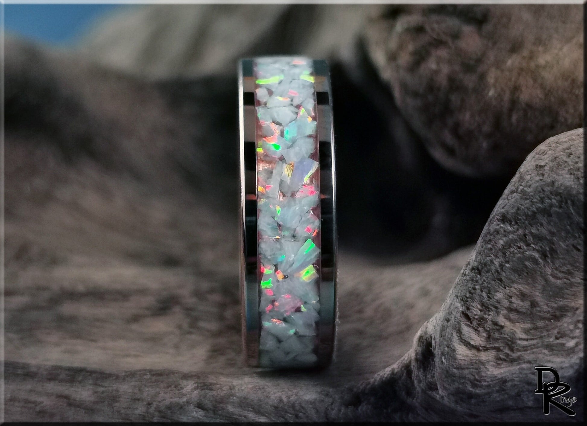 Rose Gold Plated Tungsten Carbide Channel Ring w/Aurora Opal inlay - metal ring