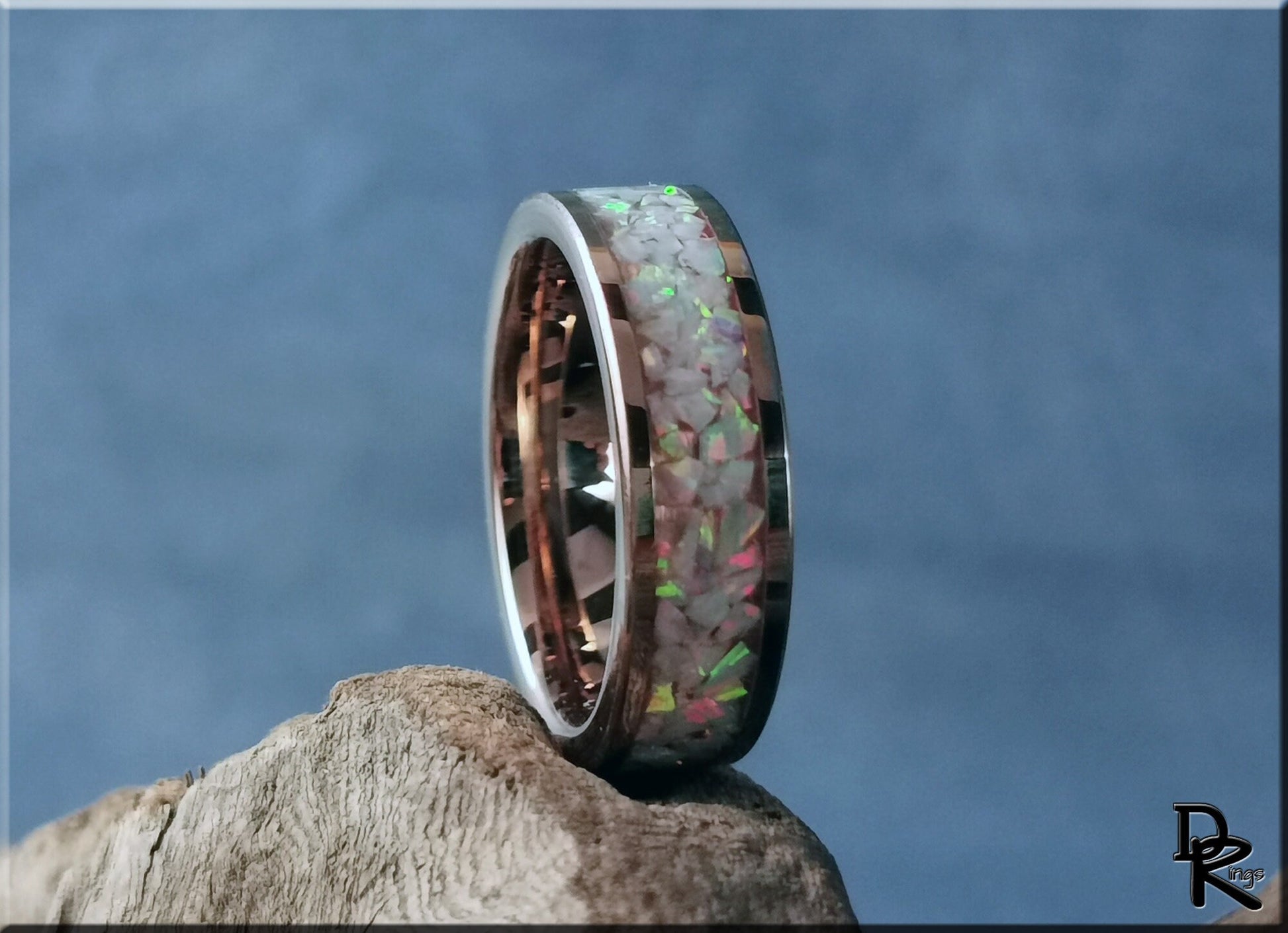 Rose Gold Plated Tungsten Carbide Channel Ring w/Aurora Opal inlay - metal ring