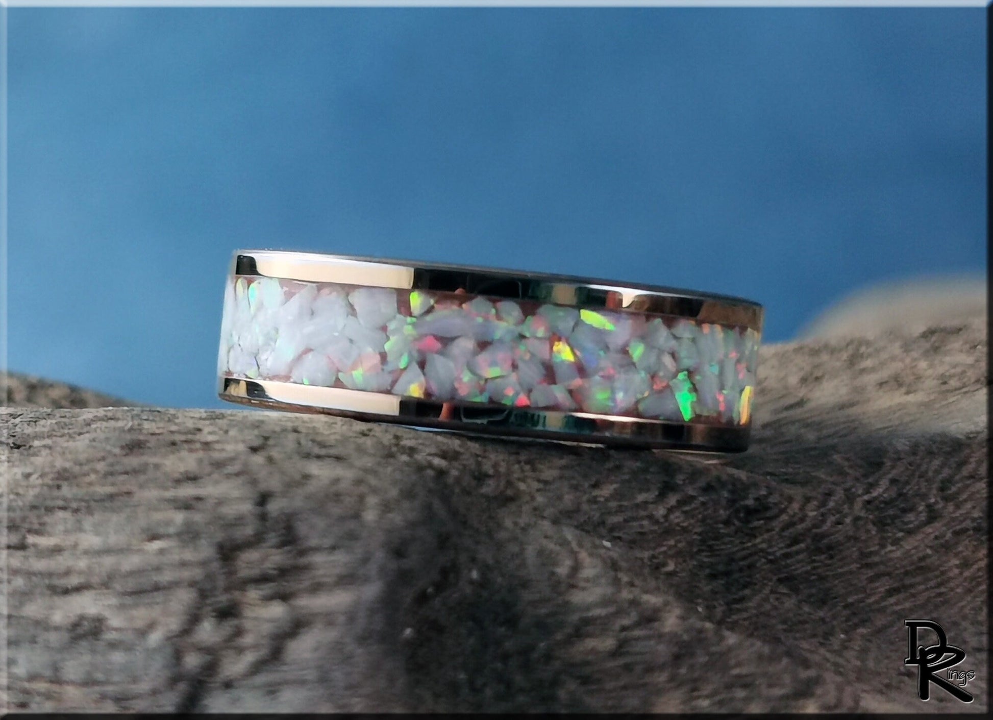 Rose Gold Plated Tungsten Carbide Channel Ring w/Aurora Opal inlay - metal ring