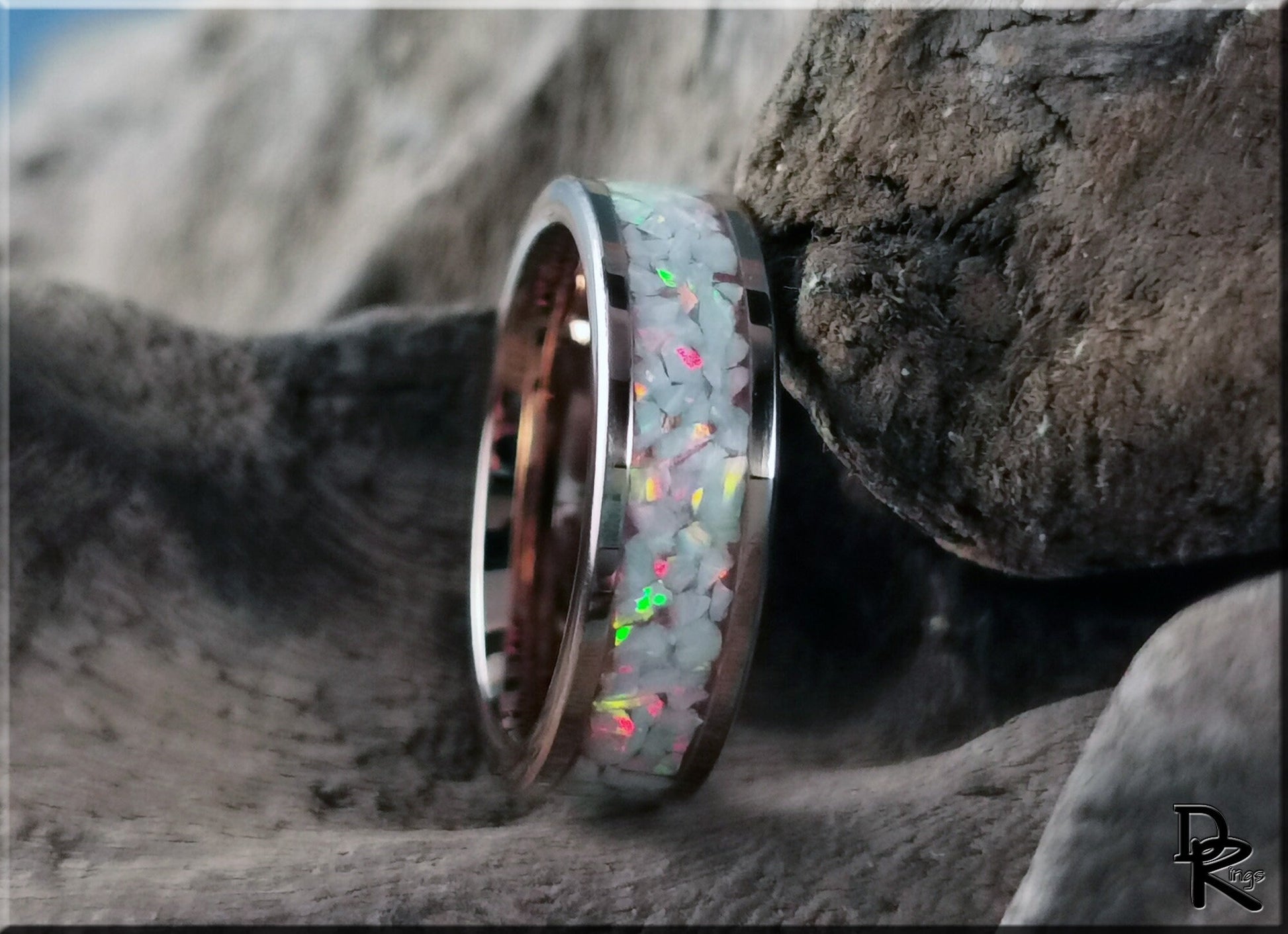 Rose Gold Plated Tungsten Carbide Channel Ring w/Aurora Opal inlay - metal ring