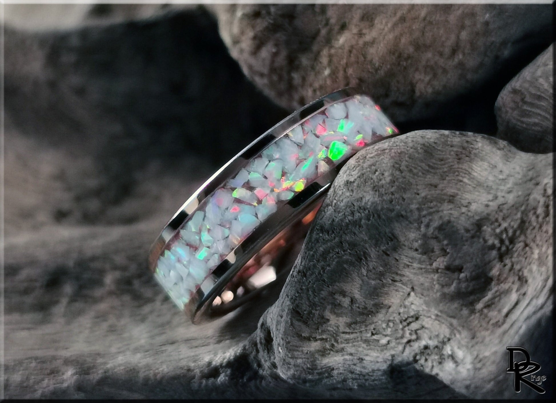 Rose Gold Plated Tungsten Carbide Channel Ring w/Aurora Opal inlay - metal ring