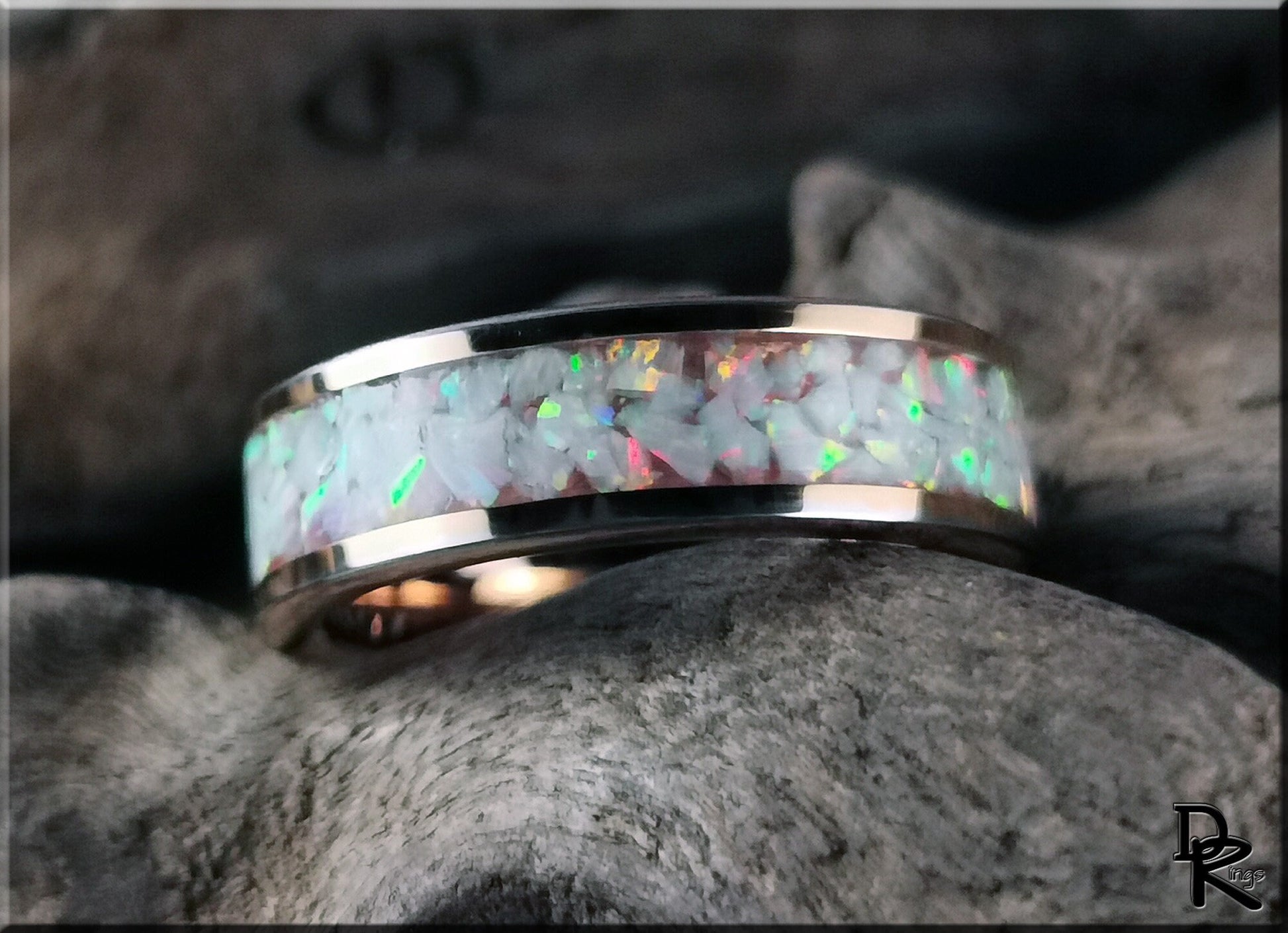 Rose Gold Plated Tungsten Carbide Channel Ring w/Aurora Opal inlay - metal ring