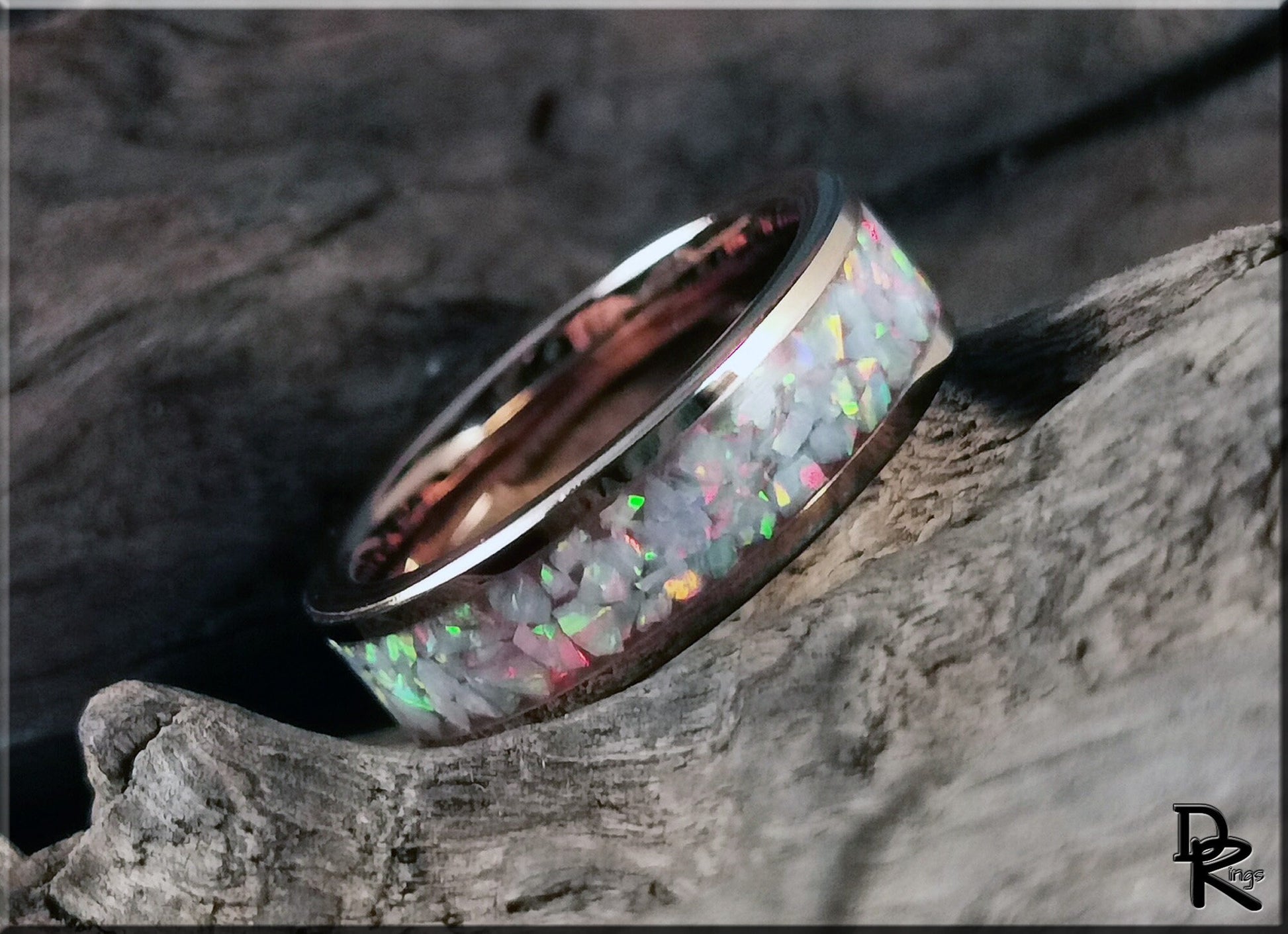 Rose Gold Plated Tungsten Carbide Channel Ring w/Aurora Opal inlay - metal ring