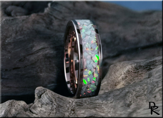 Rose Gold Plated Tungsten Carbide Channel Ring w/Aurora Opal inlay - metal ring