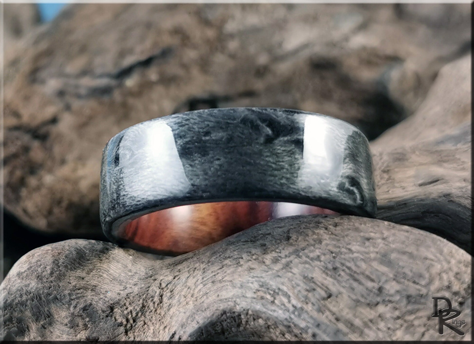 Bentwood Ring - Graphite Grey Birdseye Maple on Ironwood ring core - wood ring