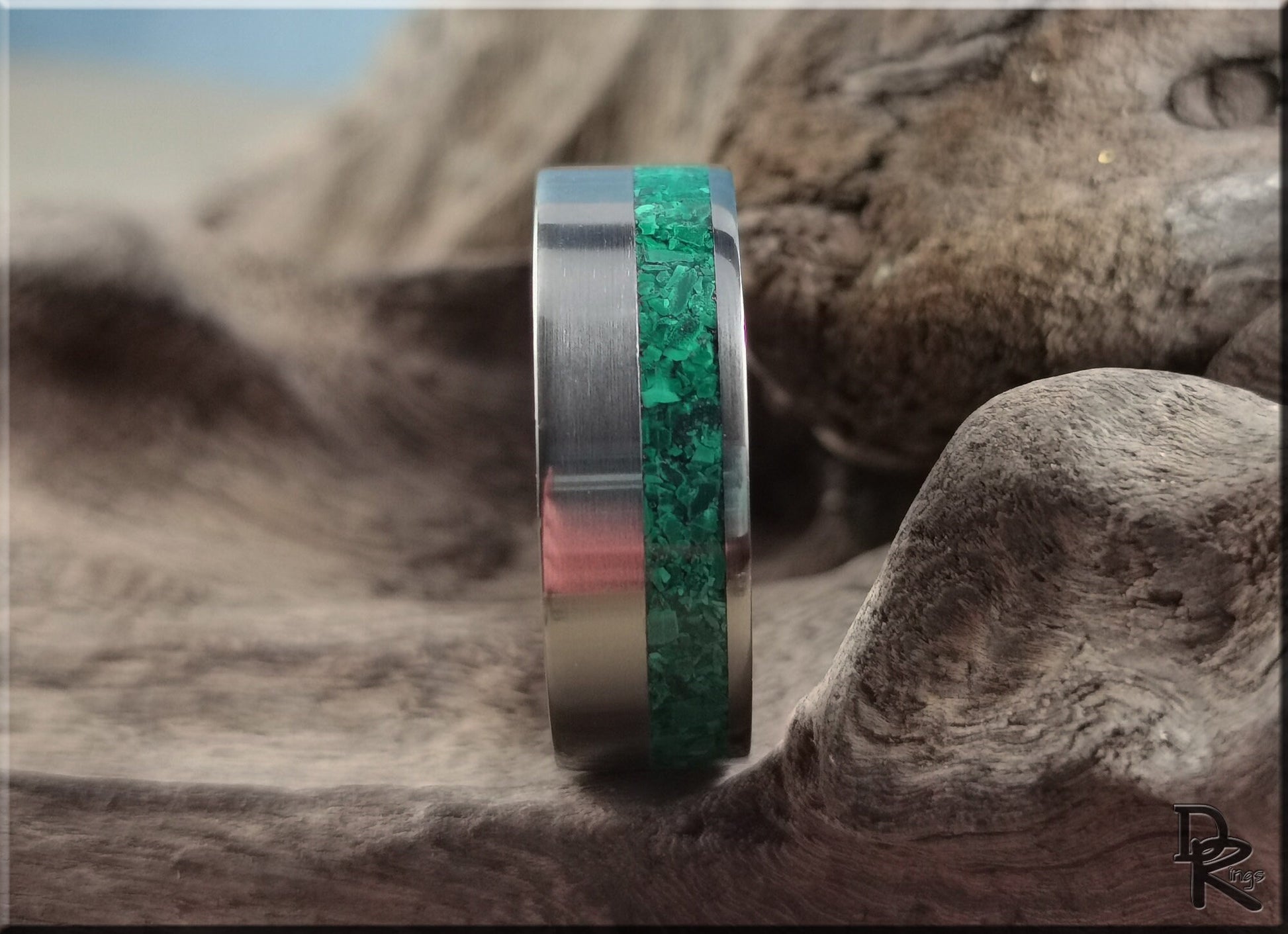 Titanium Offset 8mm Channel Ring w/Green Malachite Stone inlay