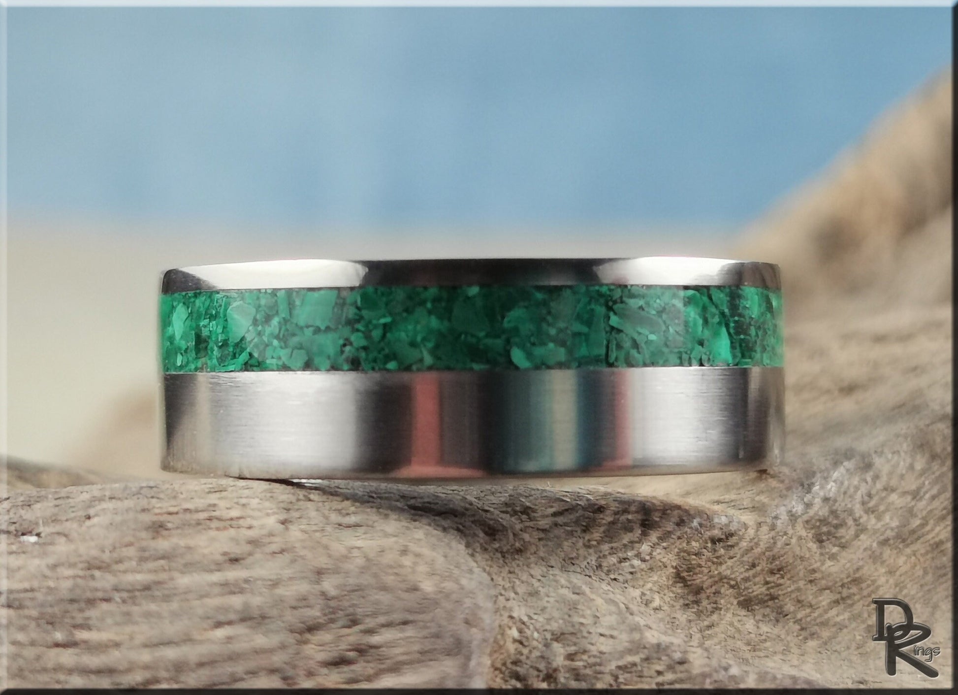 Titanium Offset 8mm Channel Ring w/Green Malachite Stone inlay