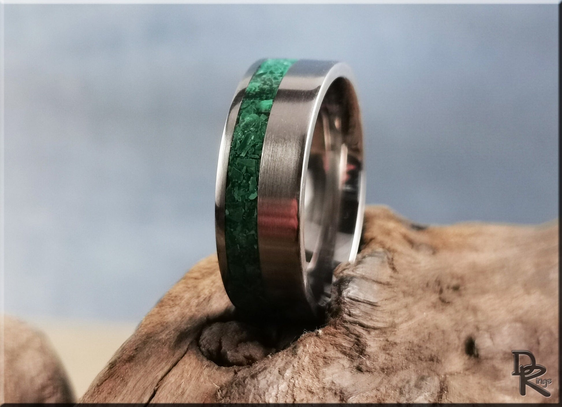 Titanium Offset 8mm Channel Ring w/Green Malachite Stone inlay