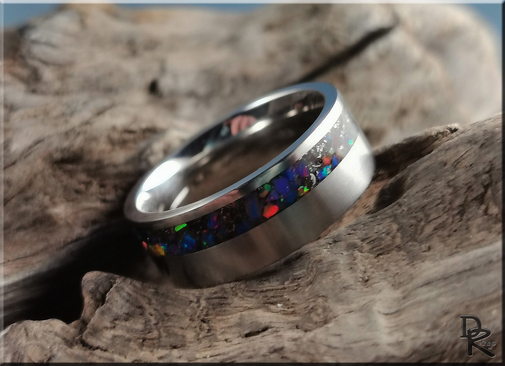 Titanium Offset 8mm Channel Ring w/Meteorite and Opal inlay - metal ring