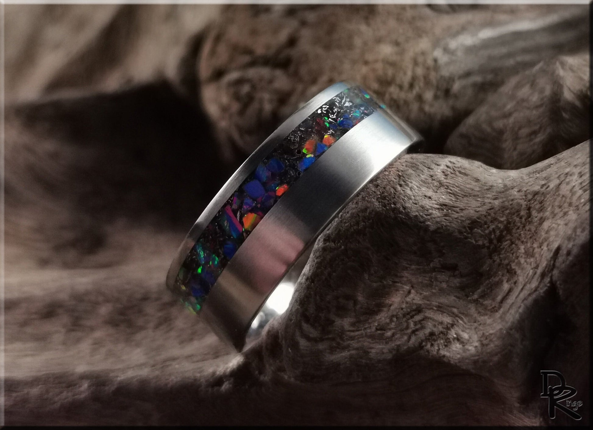 Titanium Offset 8mm Channel Ring w/Meteorite and Opal inlay - metal ring