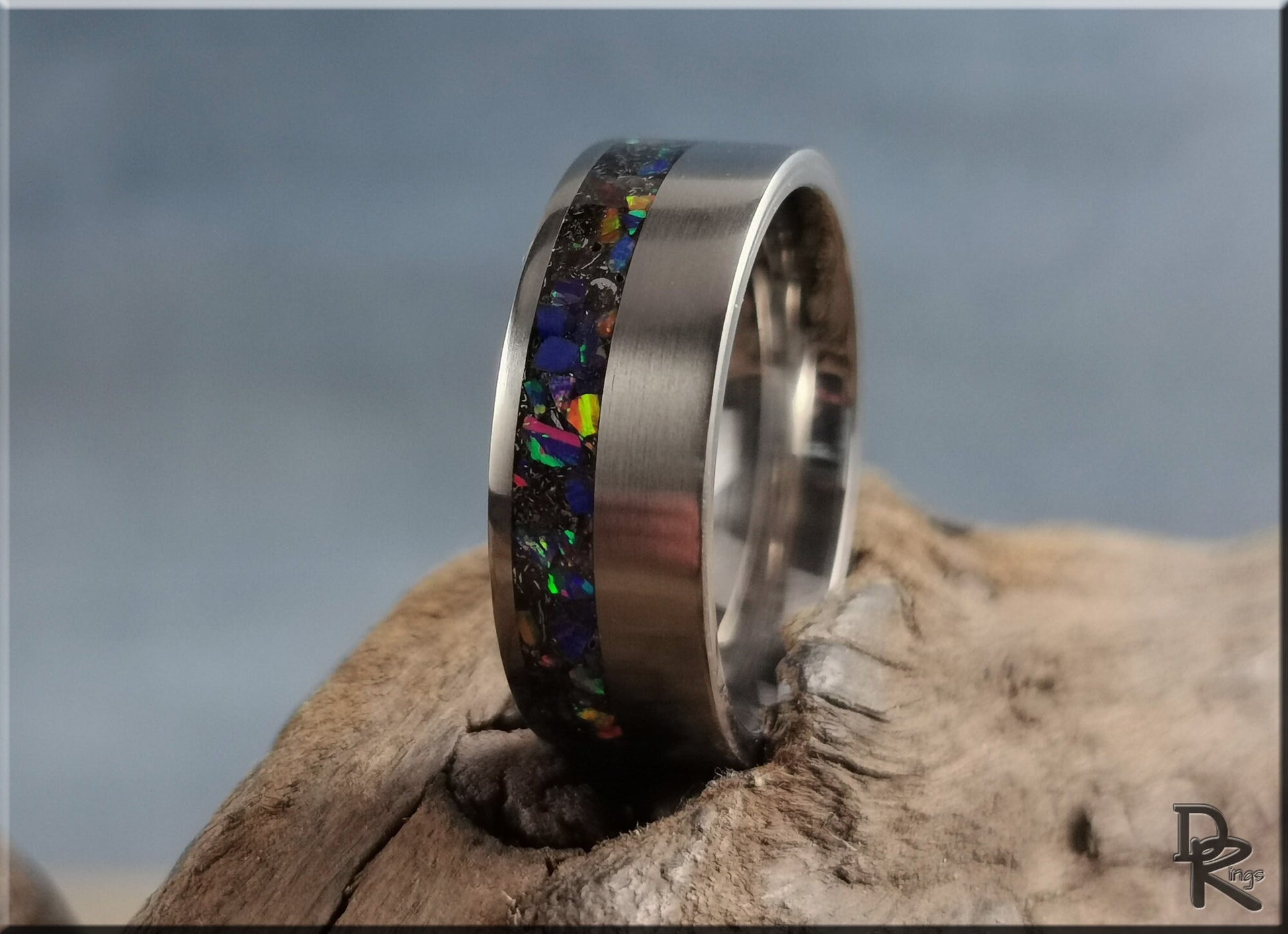 Titanium Offset 8mm Channel Ring w/Meteorite and Opal inlay - metal ring