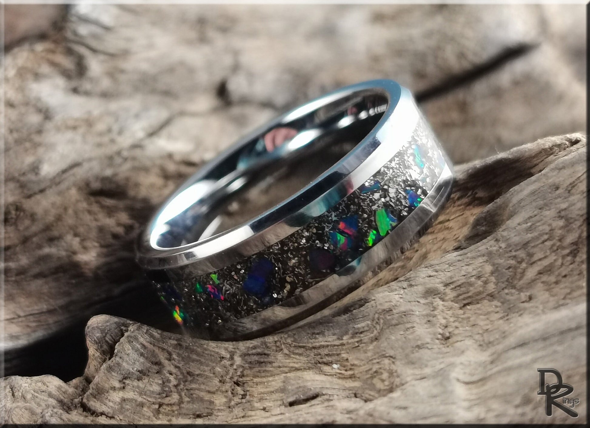 Tungsten Carbide Channel Ring w/Meteorite and Opal inlay - metal ring