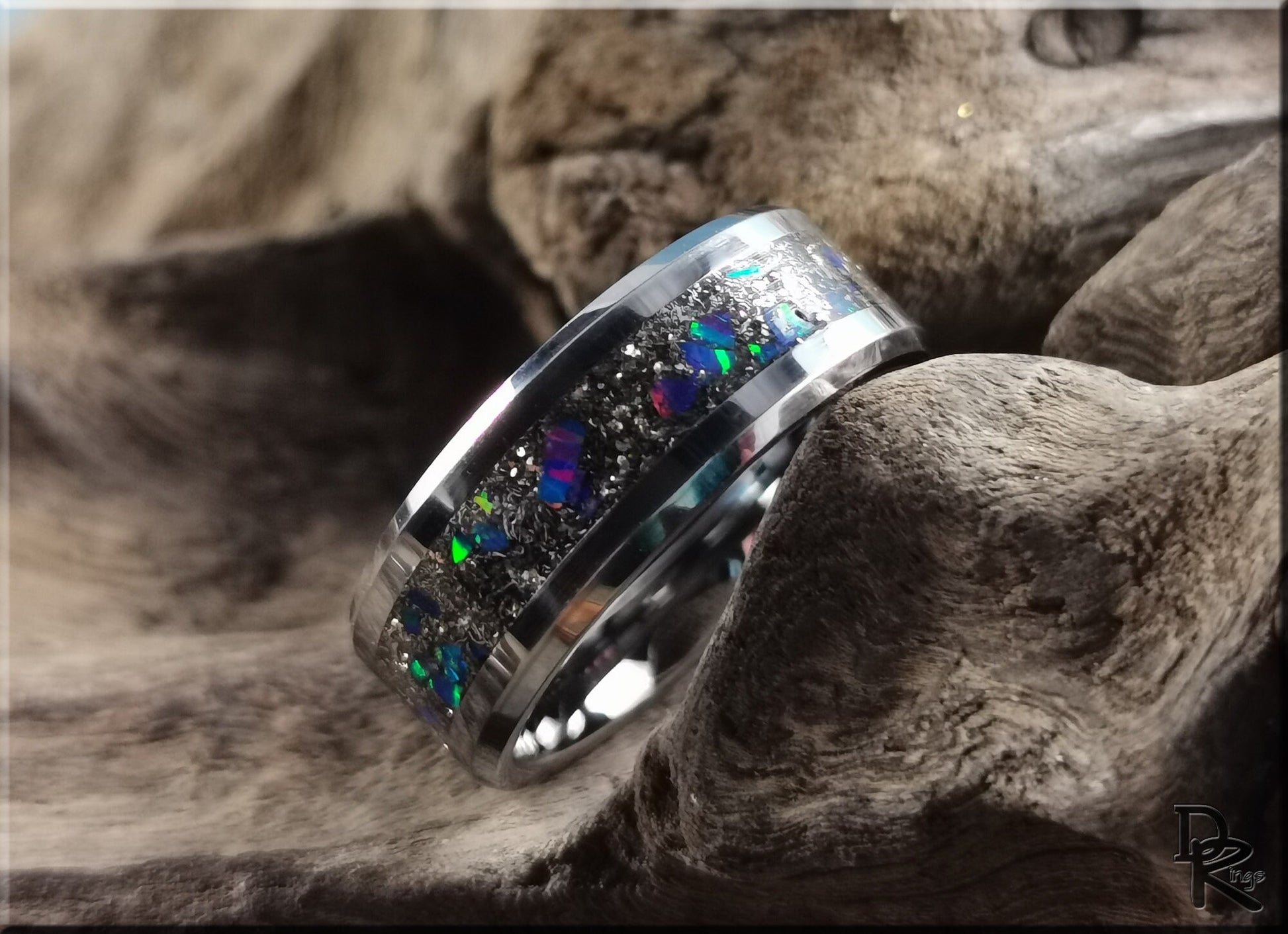 Tungsten Carbide Channel Ring w/Meteorite and Opal inlay - metal ring