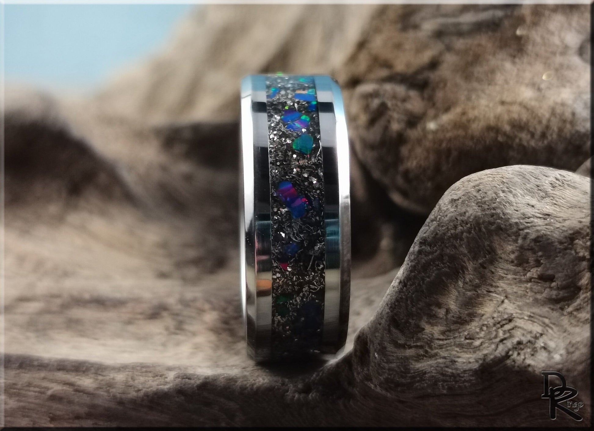 Tungsten Carbide Channel Ring w/Meteorite and Opal inlay - metal ring