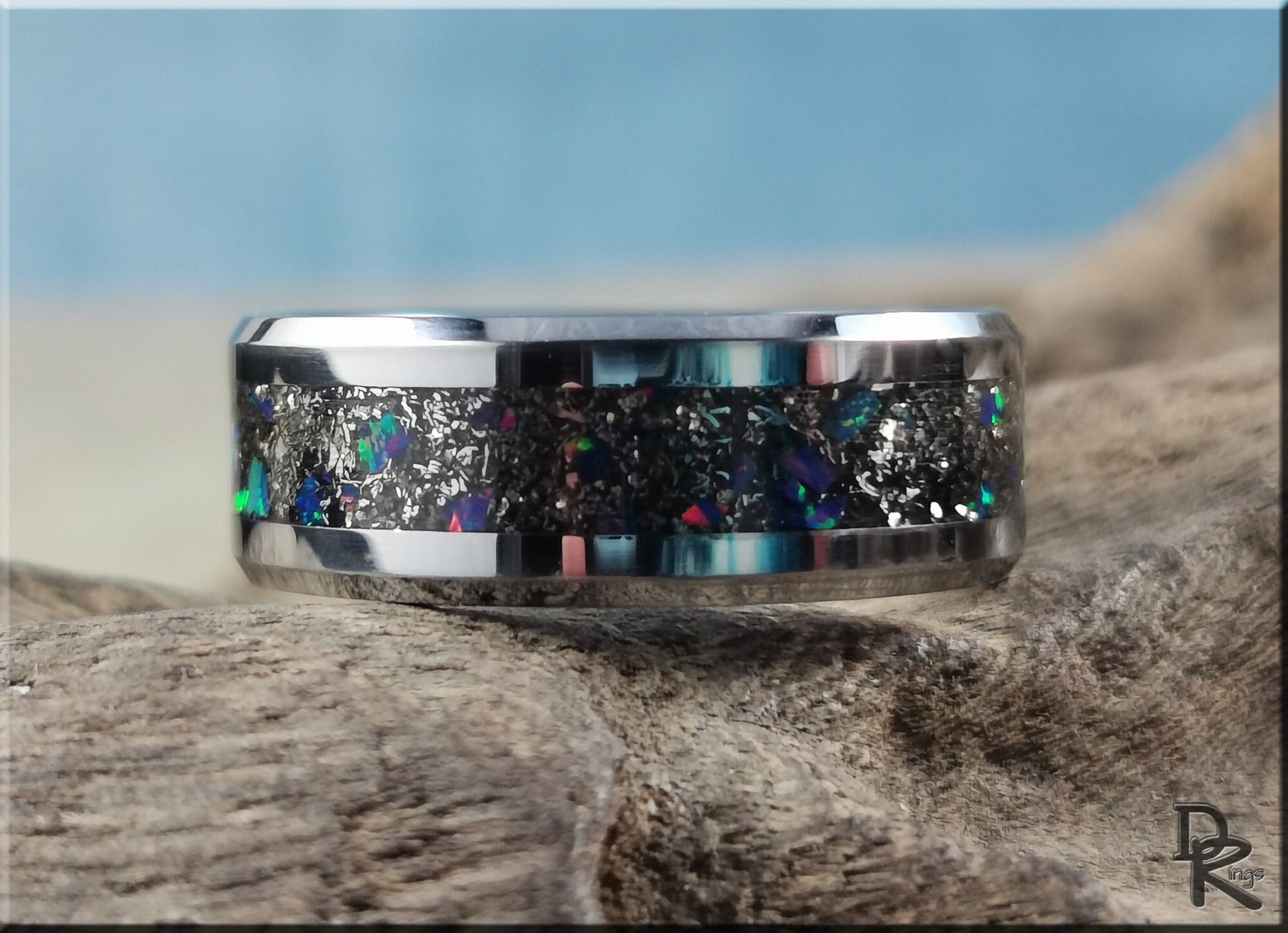 Tungsten Carbide Channel Ring w/Meteorite and Opal inlay - metal ring