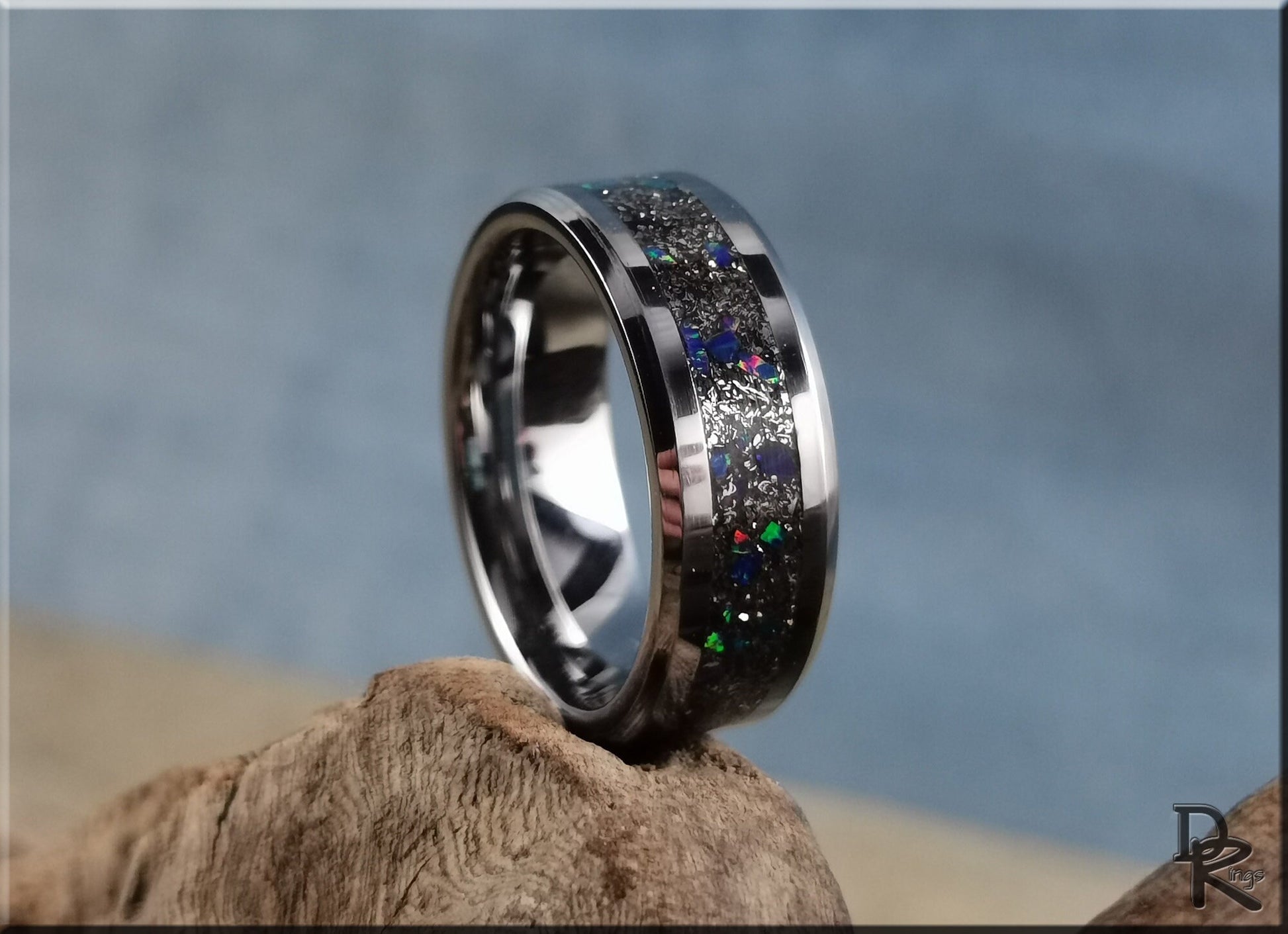 Tungsten Carbide Channel Ring w/Meteorite and Opal inlay - metal ring