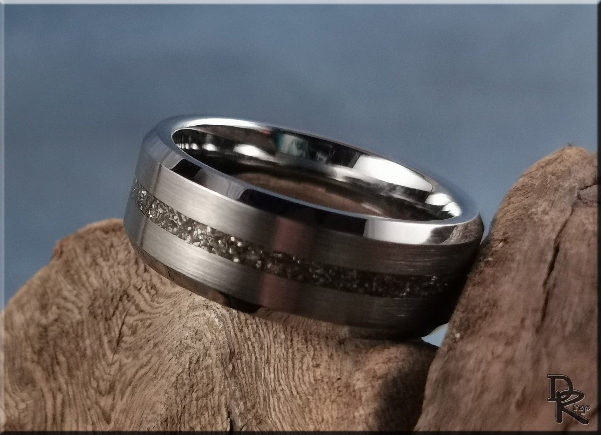 Thin Line Tungsten Carbide Channel Ring w/Meteorite and White Brass inlay - metal ring