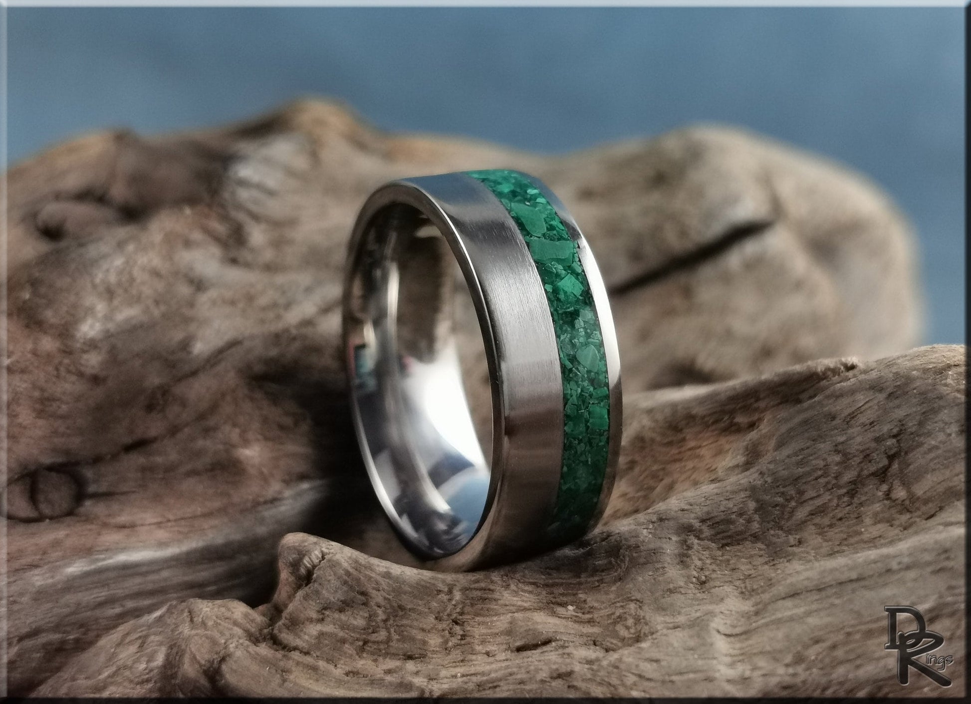 Titanium Offset 8mm Channel Ring w/Green Malachite Stone inlay
