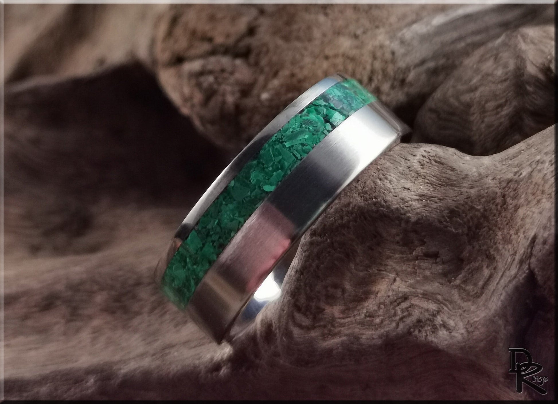 Titanium Offset 8mm Channel Ring w/Green Malachite Stone inlay